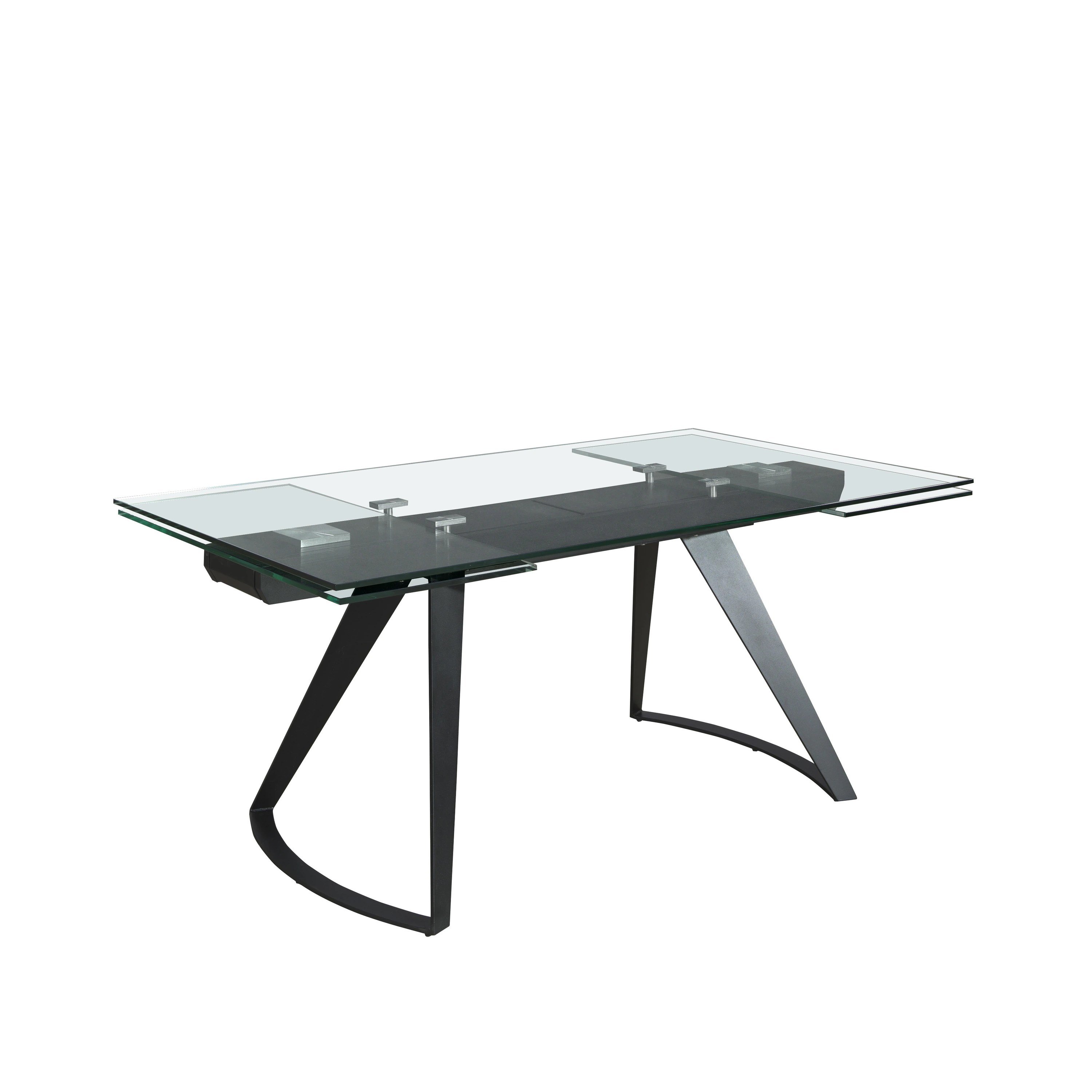 Table à manger extensible rectangulaire en verre trempé et acier noir
