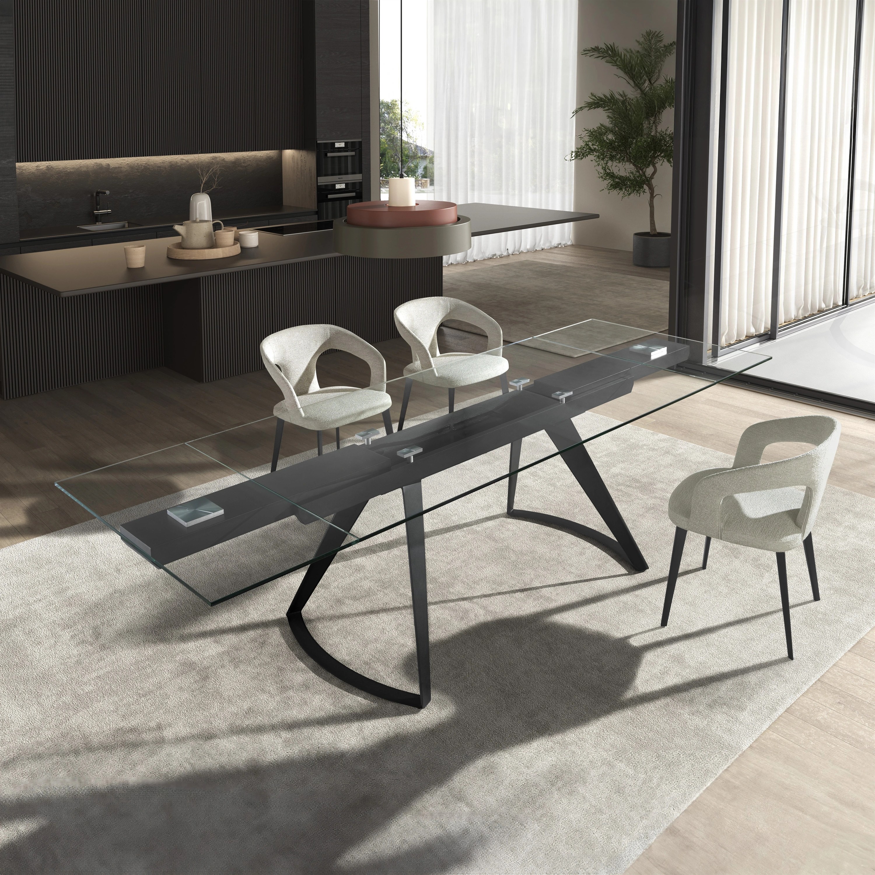 Table à manger extensible rectangulaire en verre trempé et acier noir