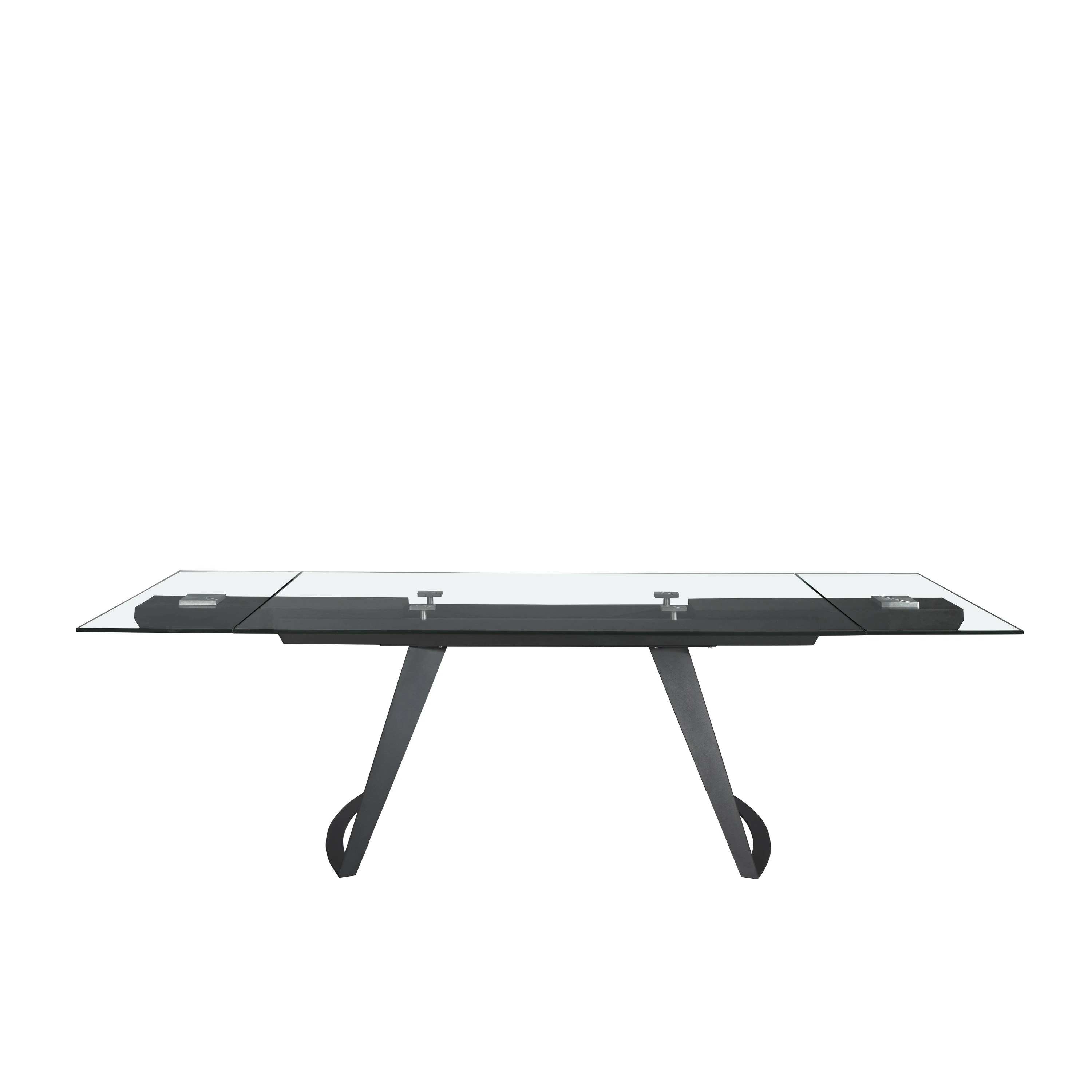 Table à manger extensible rectangulaire en verre trempé et acier noir