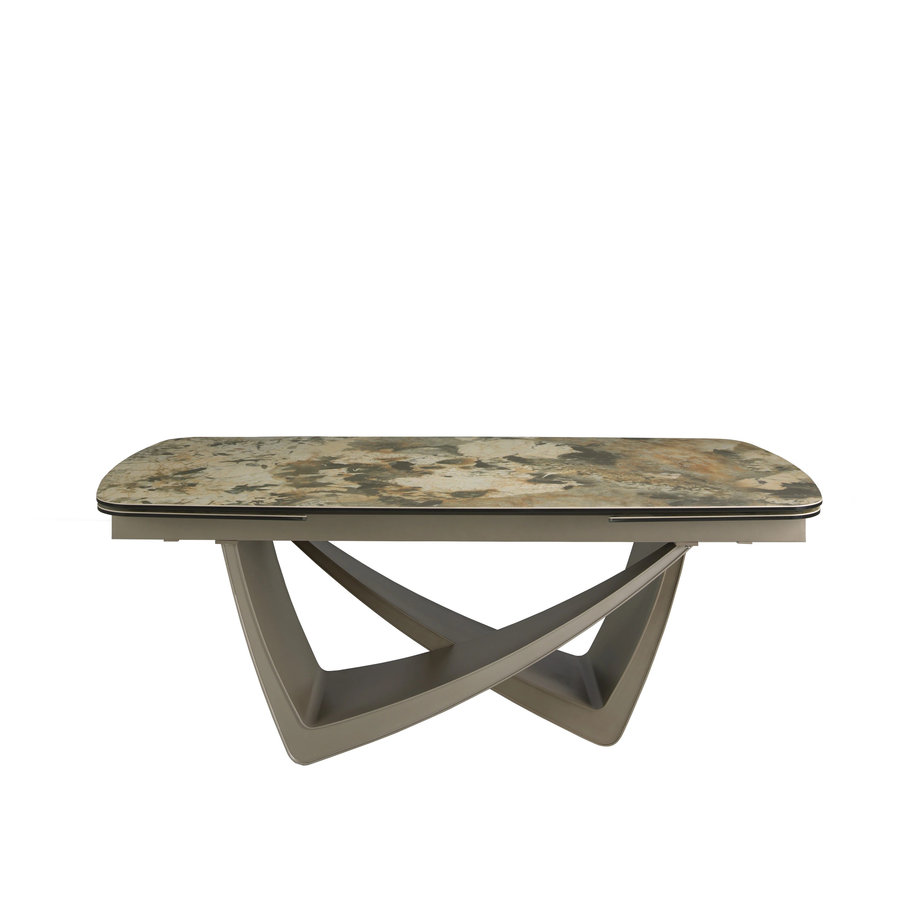 Table de salle à manger à rallonge ovale tonneau marbre porcelaine et acier taupe métallisé