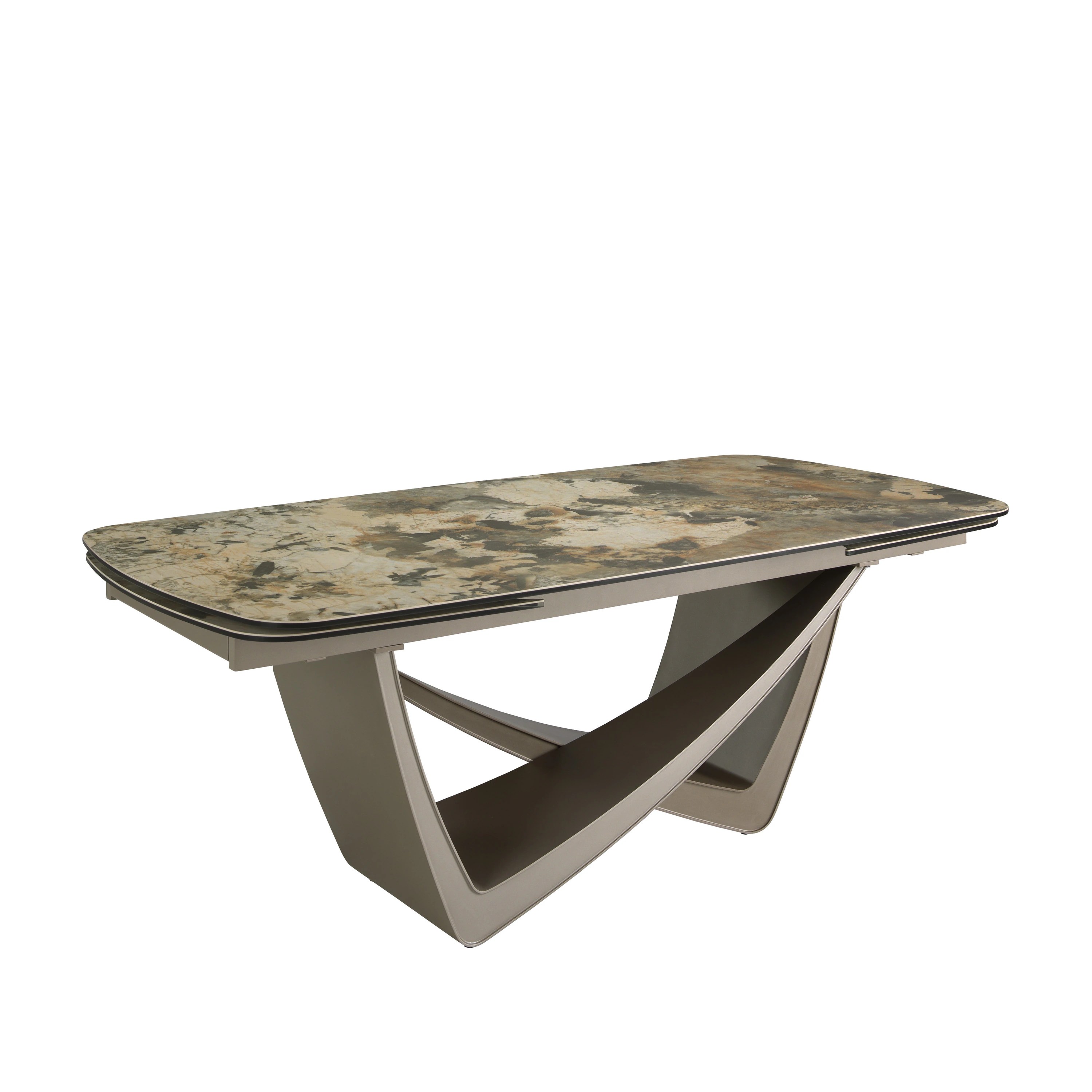 Table de salle à manger à rallonge ovale tonneau marbre porcelaine et acier taupe métallisé