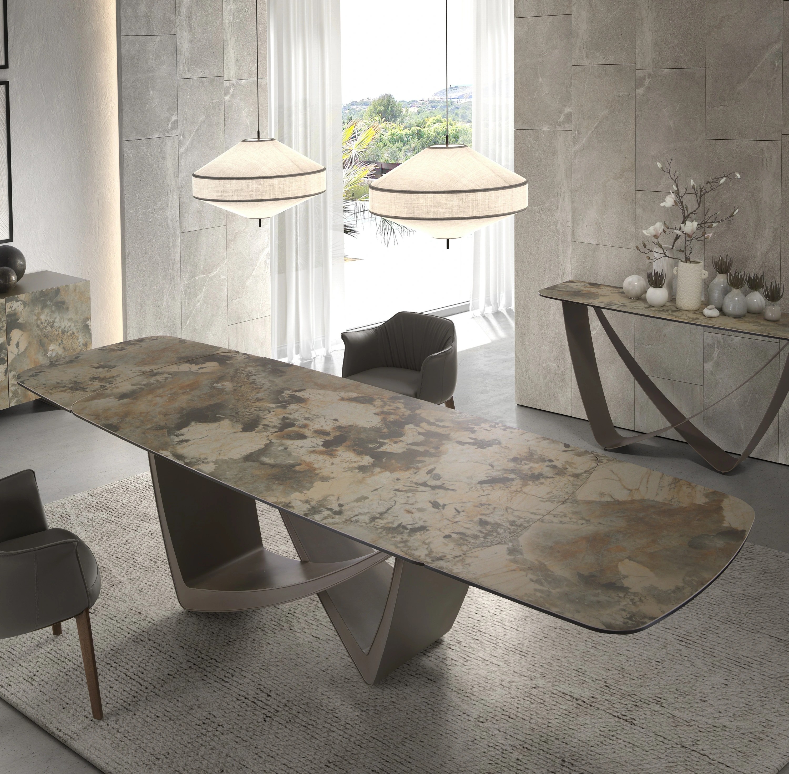 Table de salle à manger à rallonge ovale tonneau marbre porcelaine et acier taupe métallisé