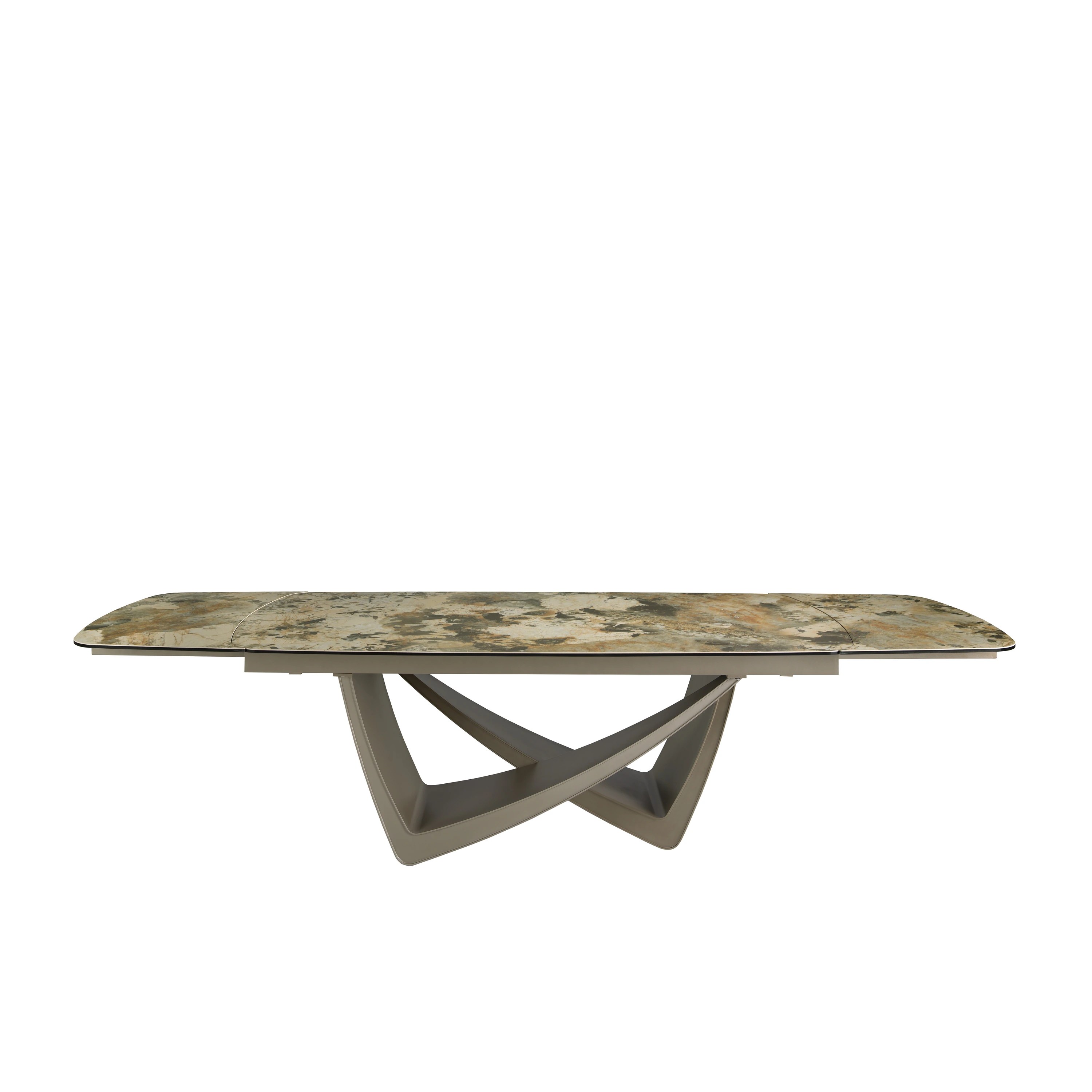 Table de salle à manger à rallonge ovale tonneau marbre porcelaine et acier taupe métallisé