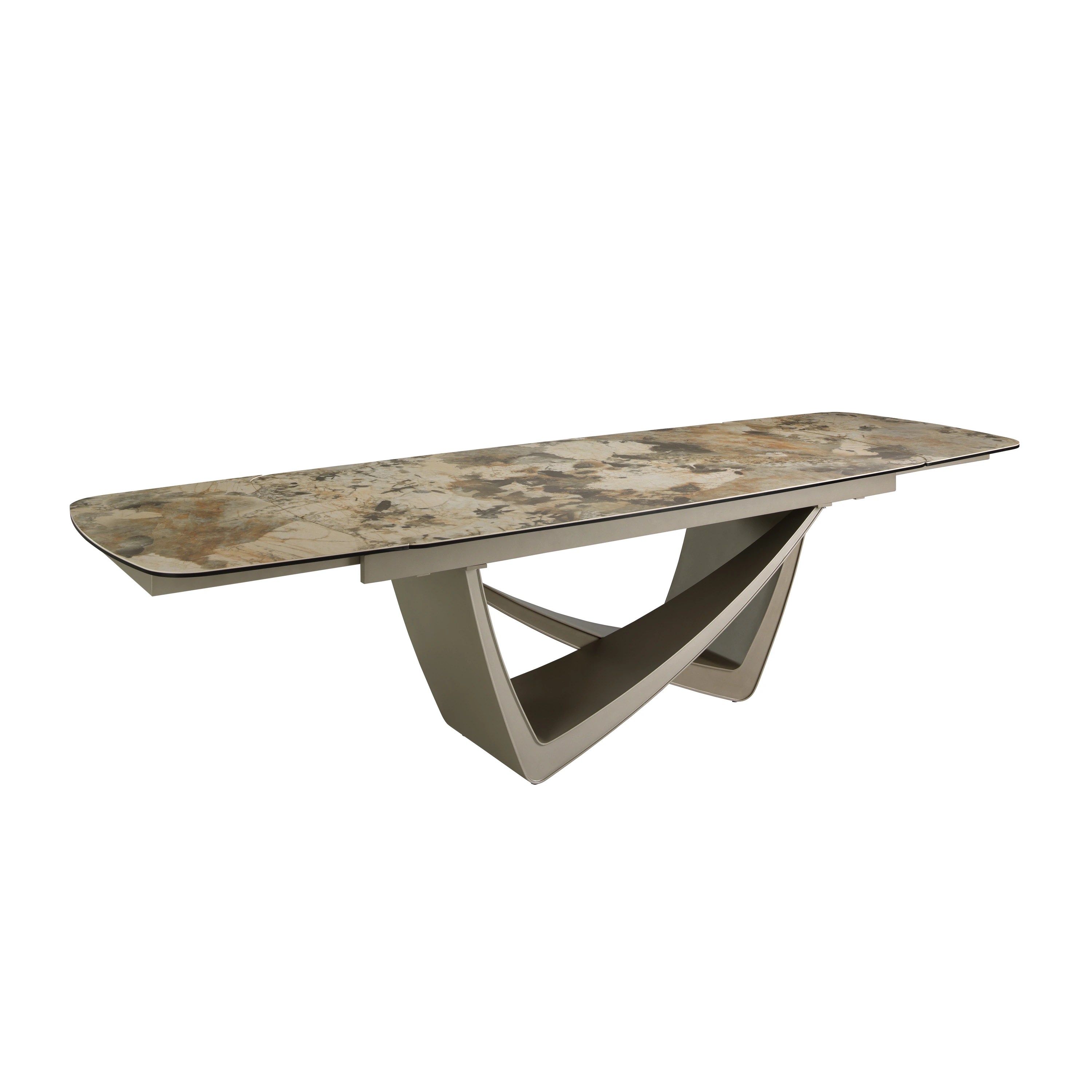 Table de salle à manger à rallonge ovale tonneau marbre porcelaine et acier taupe métallisé