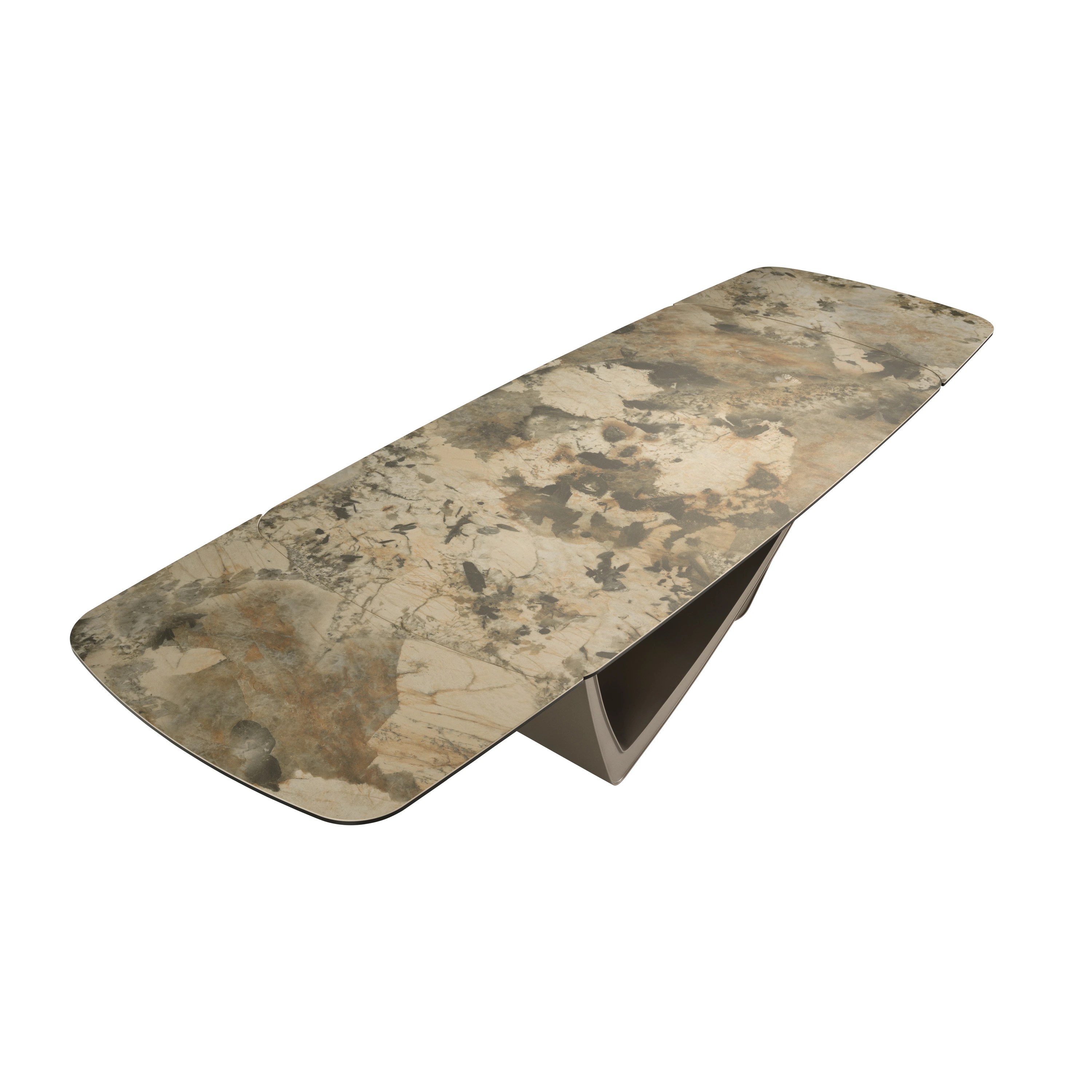 Table de salle à manger à rallonge ovale tonneau marbre porcelaine et acier taupe métallisé