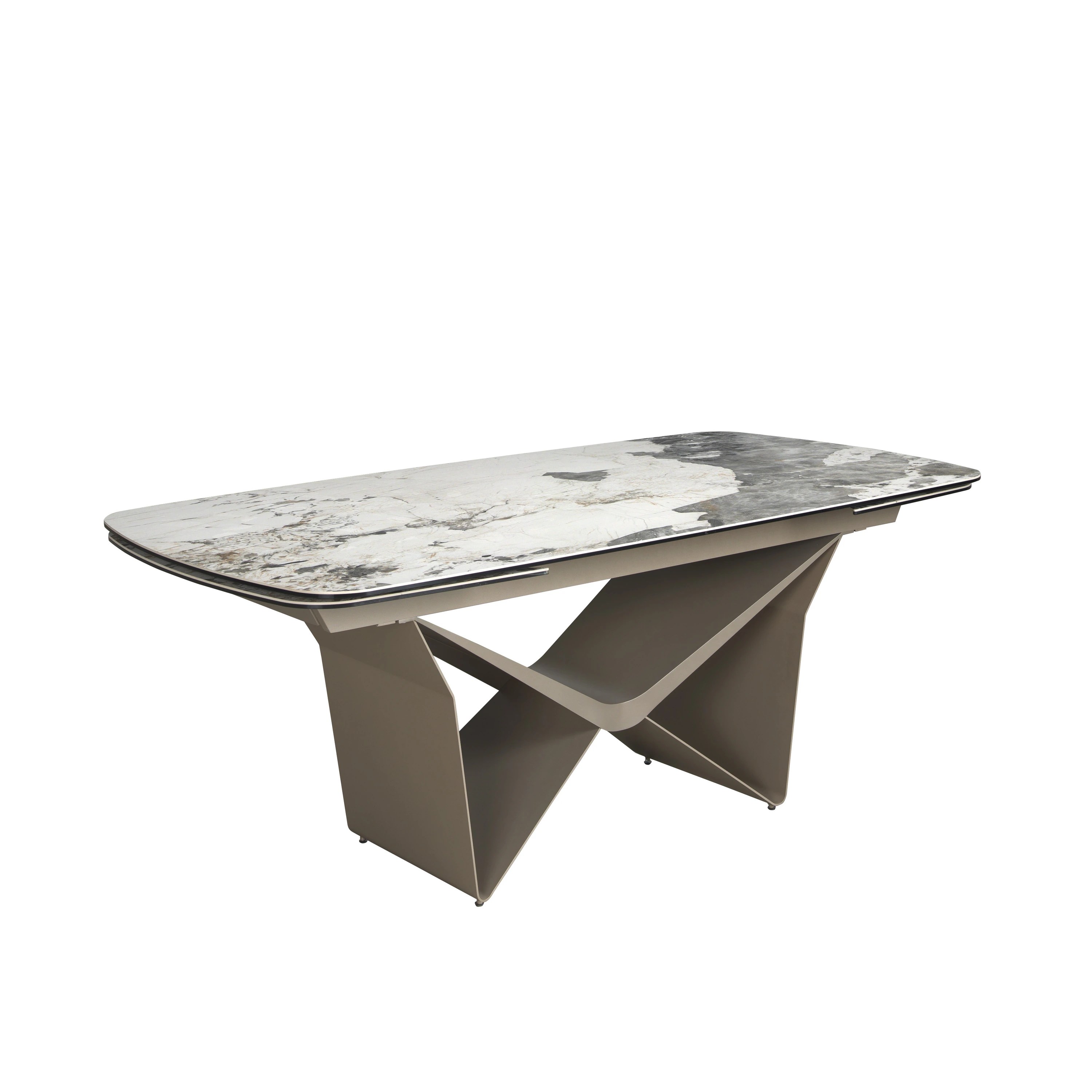 Table de salle à manger ovale à rallonge avec marbre porcelaine et fût en acier taupe métallisé