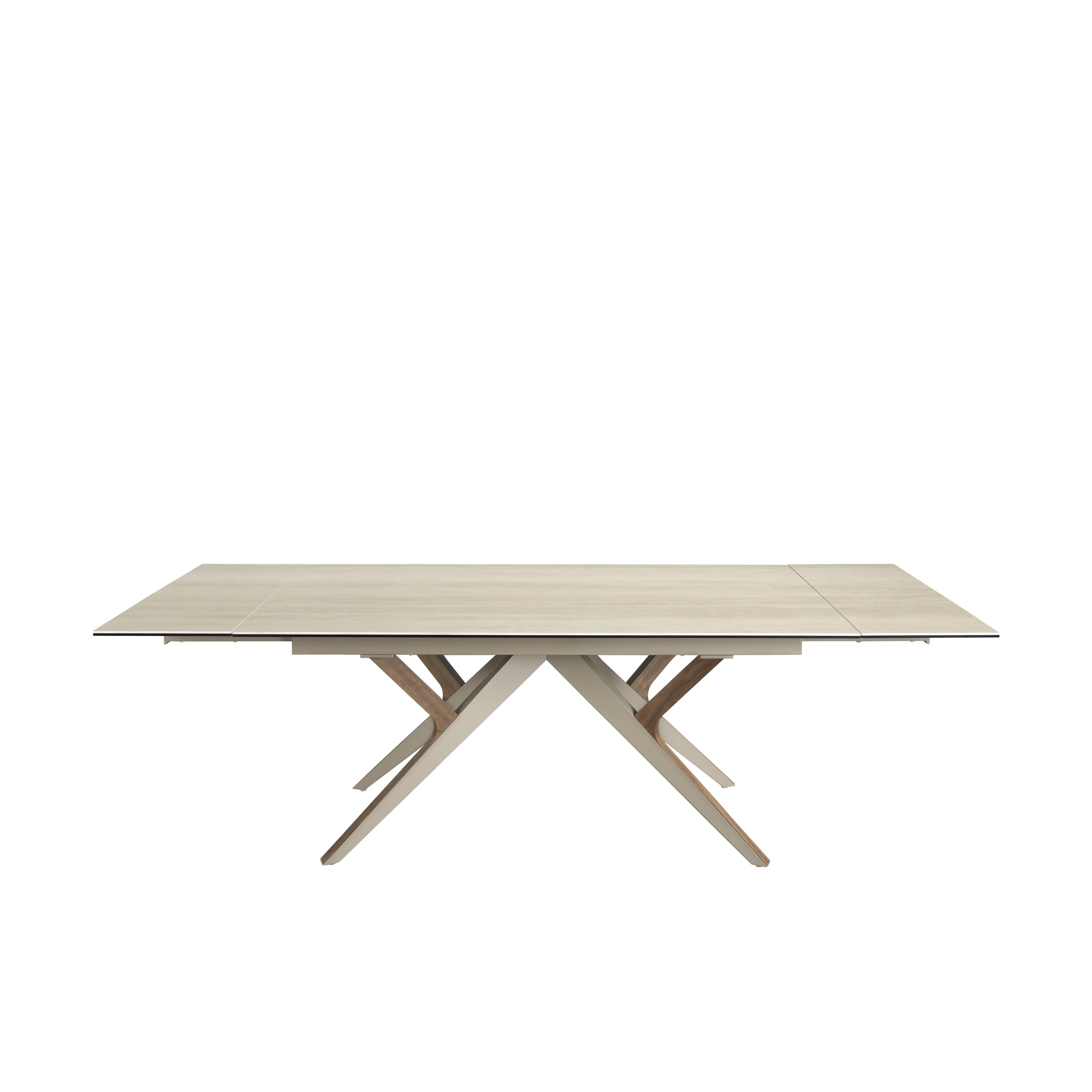 Table de salle à manger rectangulaire à rallonge en marbre porcelaine, acier sable métallique et noyer