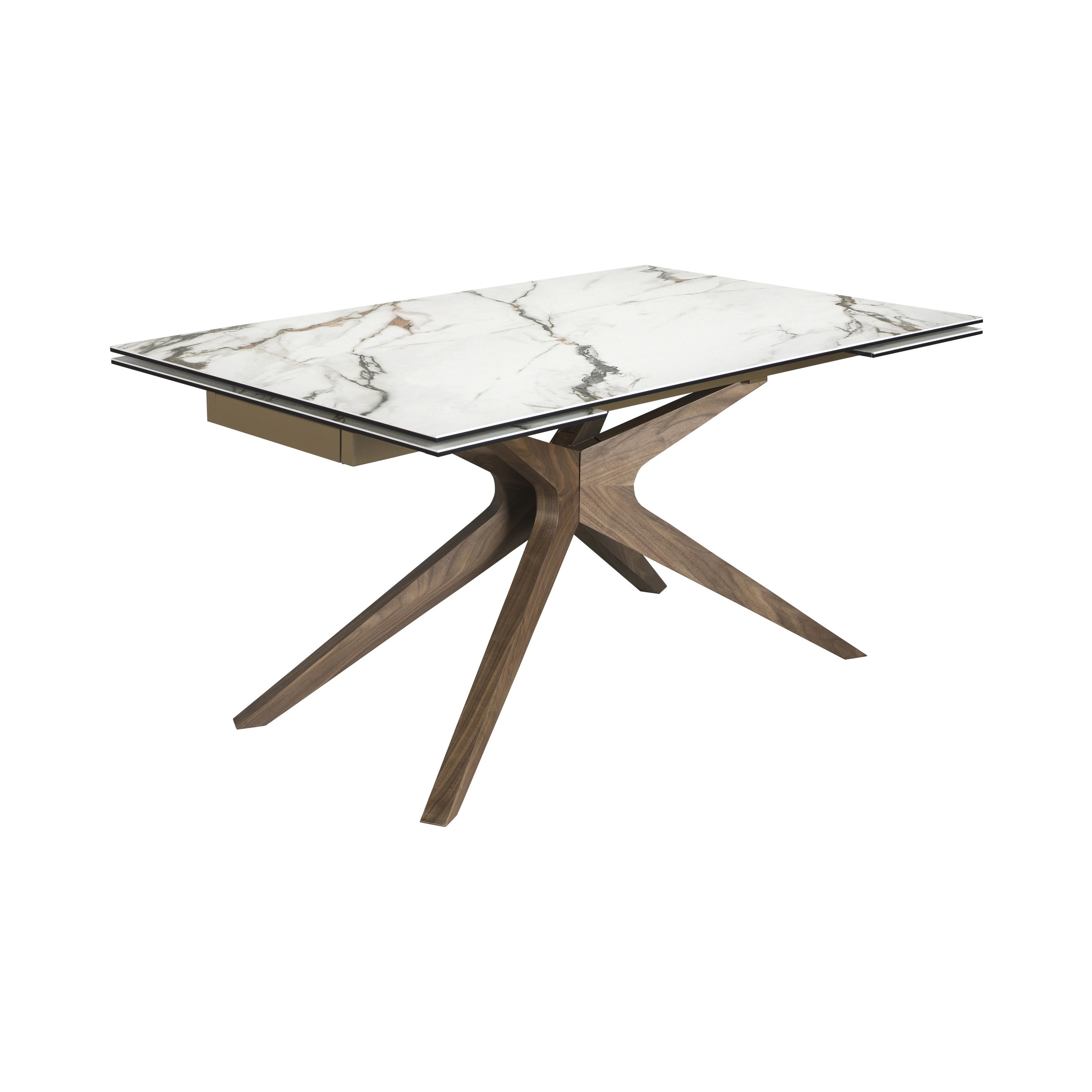 Table à manger extensible rectangulaire en marbre porcelaine et noyer