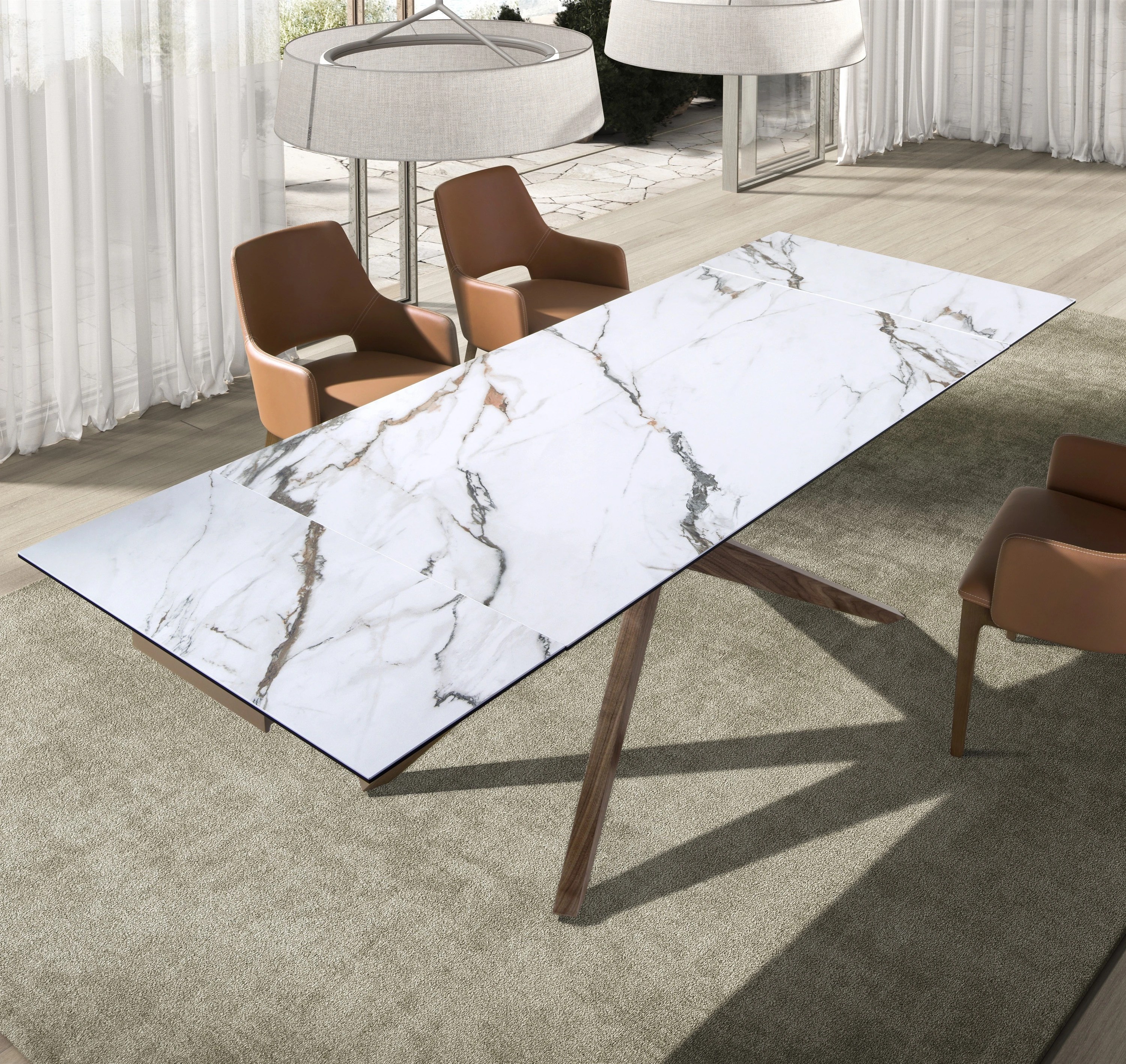 Table à manger extensible rectangulaire en marbre porcelaine et noyer