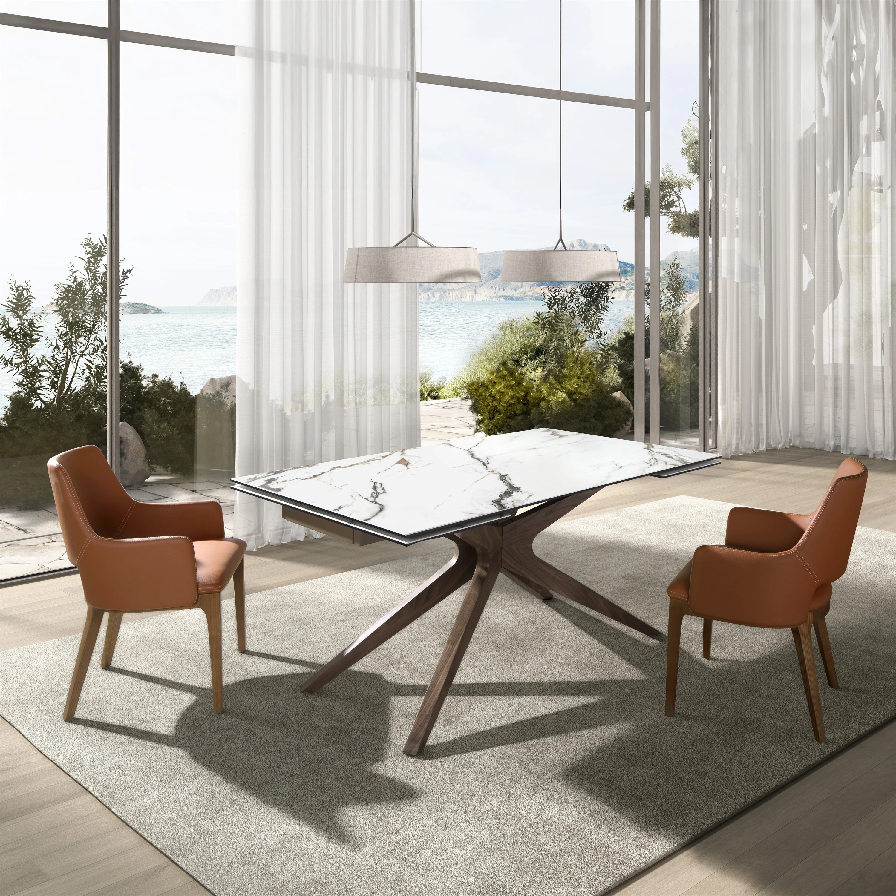 Table à manger extensible rectangulaire en marbre porcelaine et noyer
