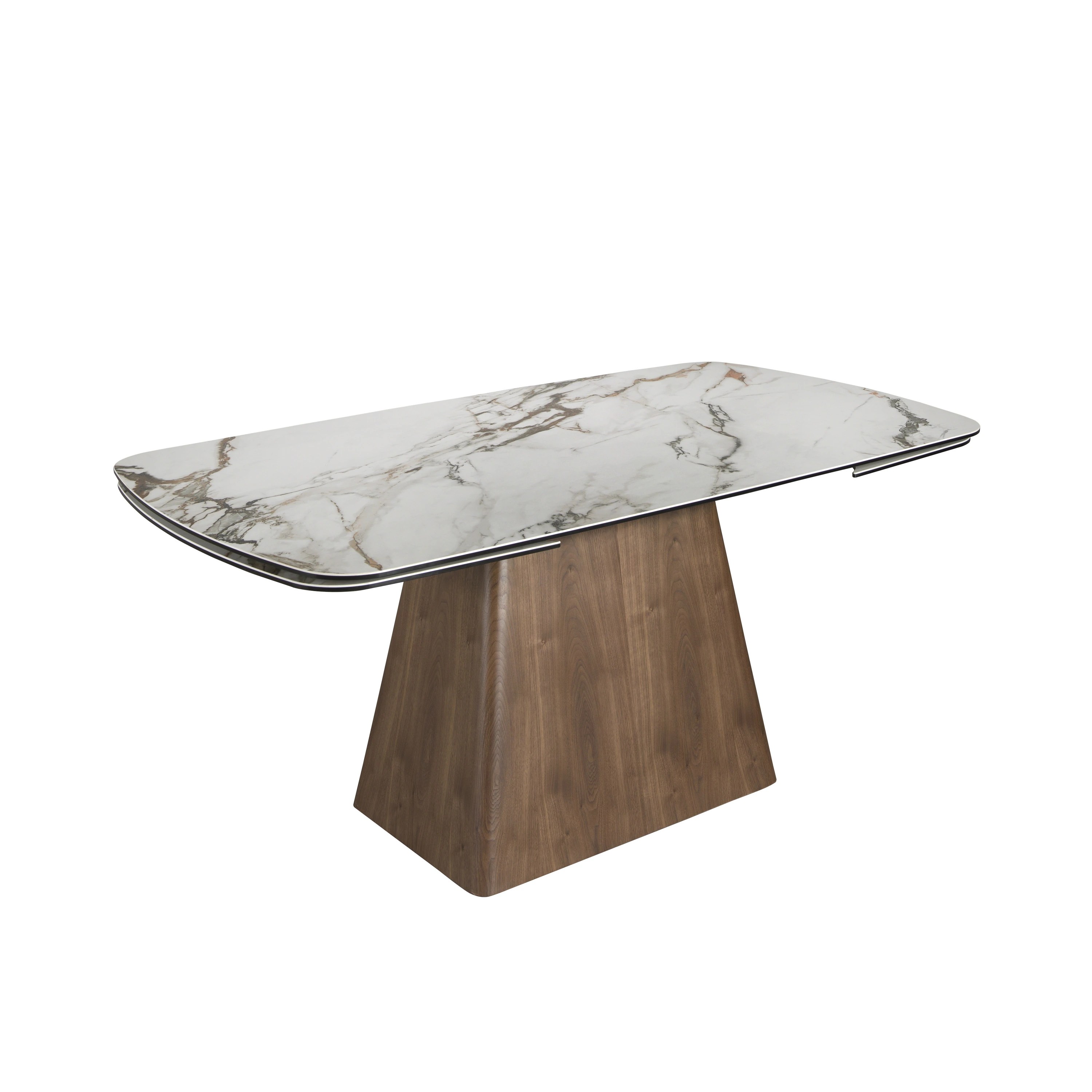 Table de salle à manger rectangulaire à rallonge en marbre porcelaine et bois de noyer