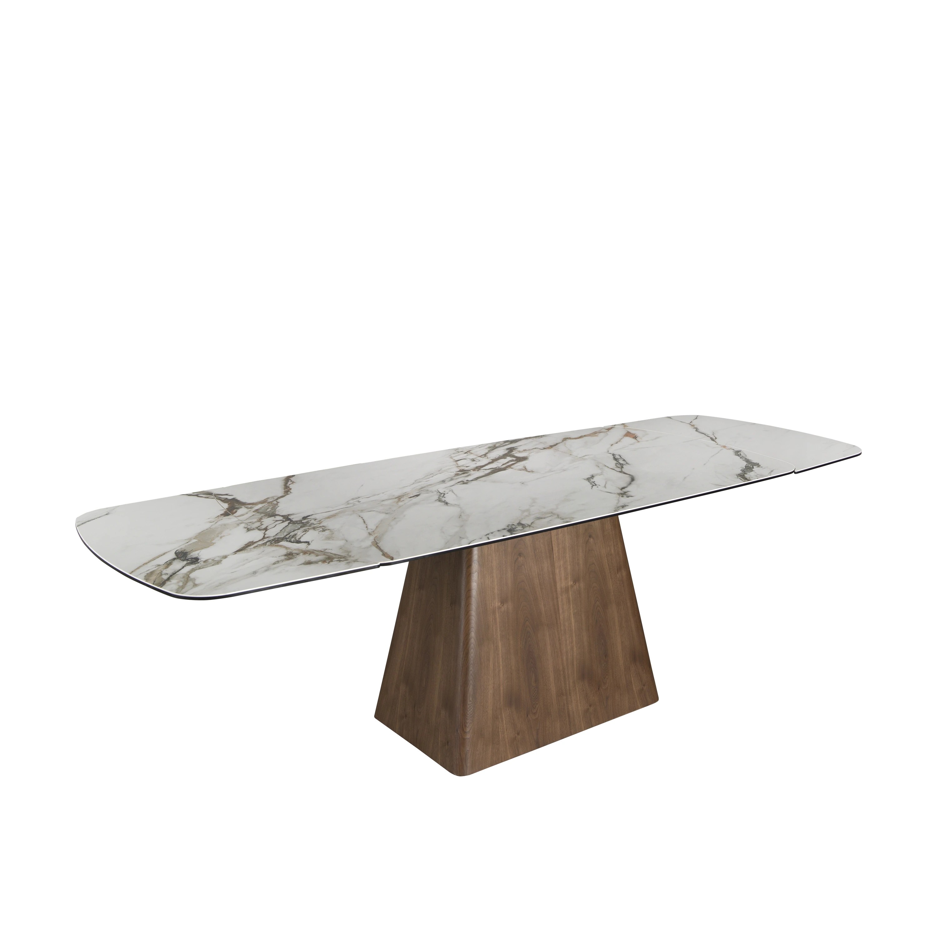 Table de salle à manger rectangulaire à rallonge en marbre porcelaine et bois de noyer