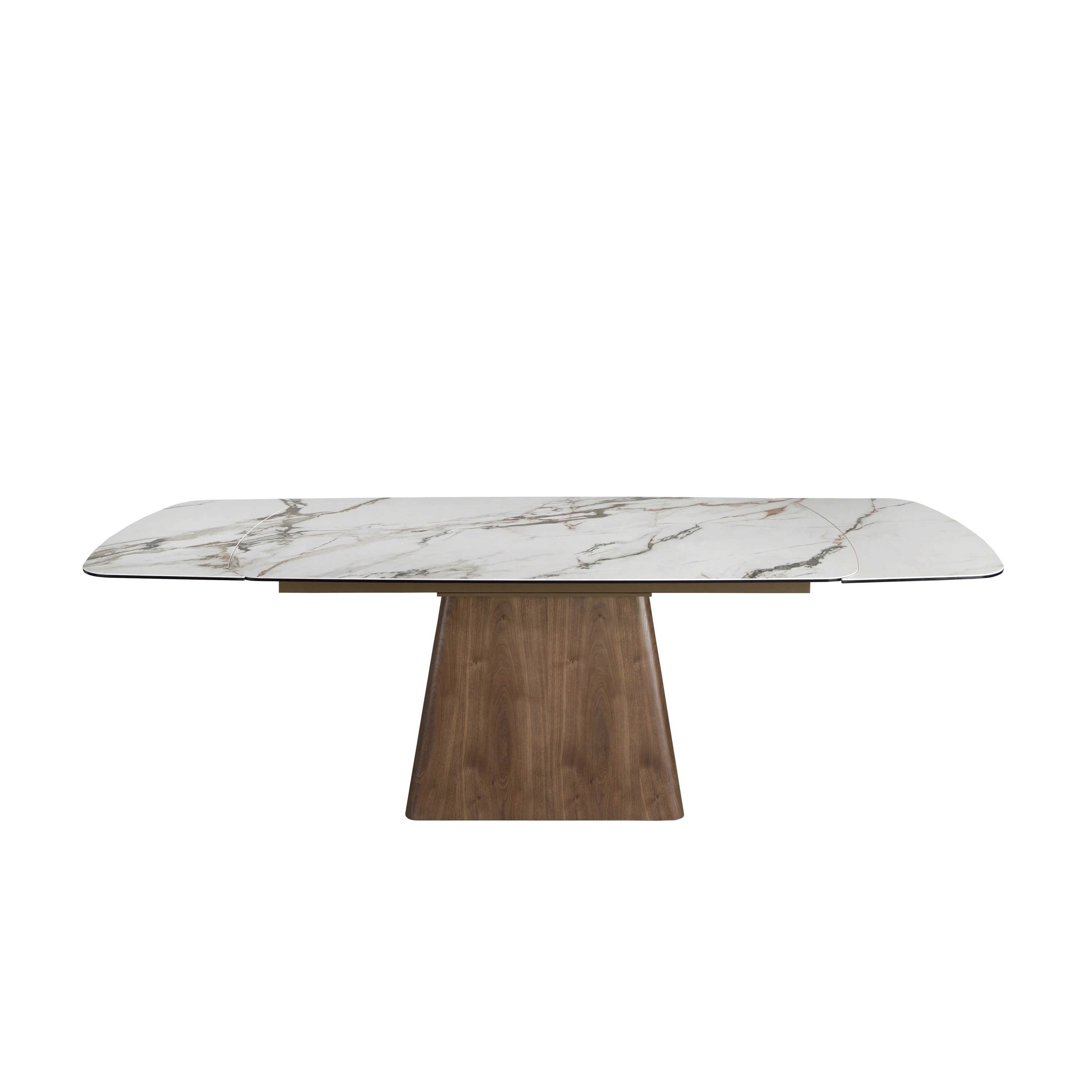 Table de salle à manger rectangulaire à rallonge en marbre porcelaine et bois de noyer