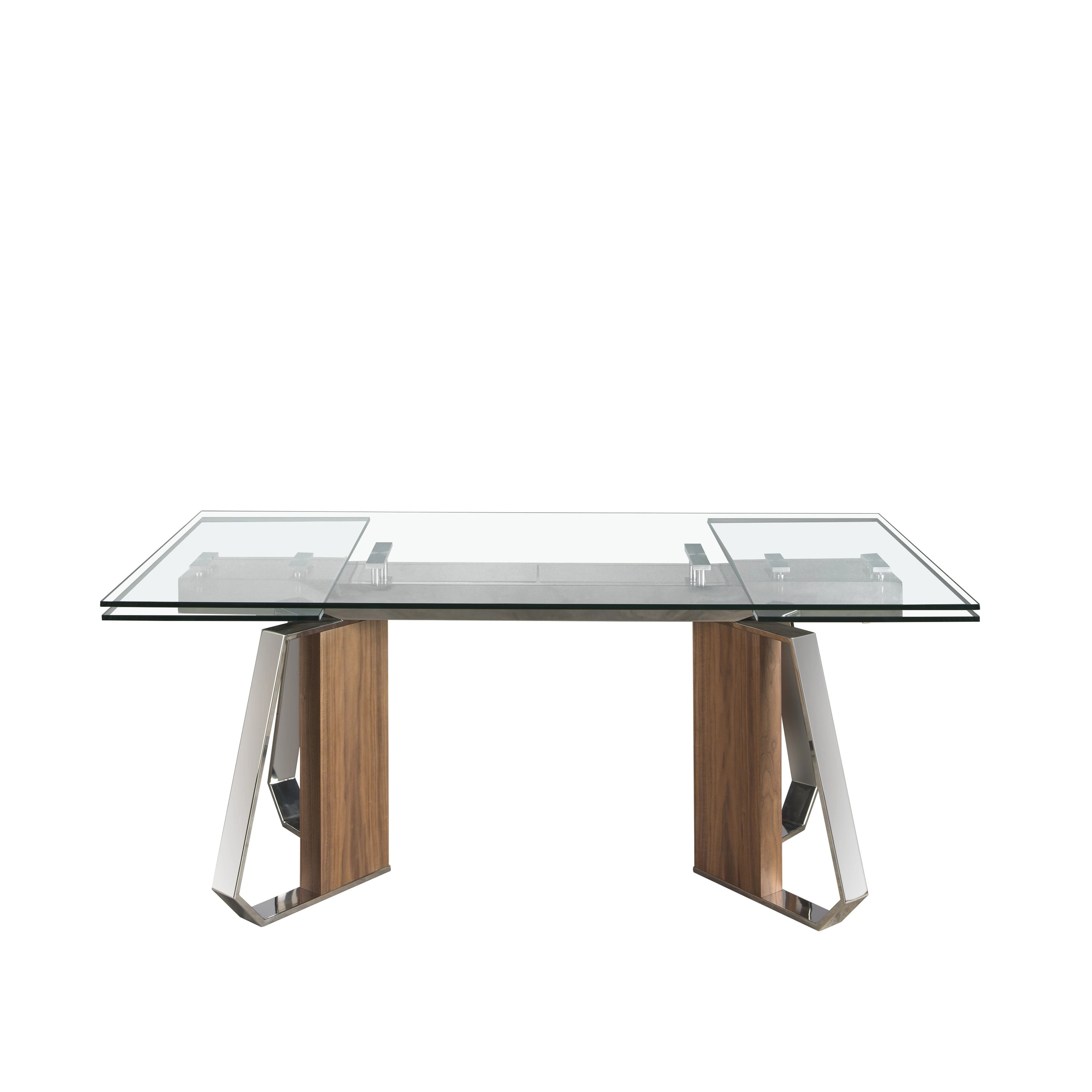 Table de salle à manger rectangulaire à rallonge en verre trempé, noyer et acier chromé