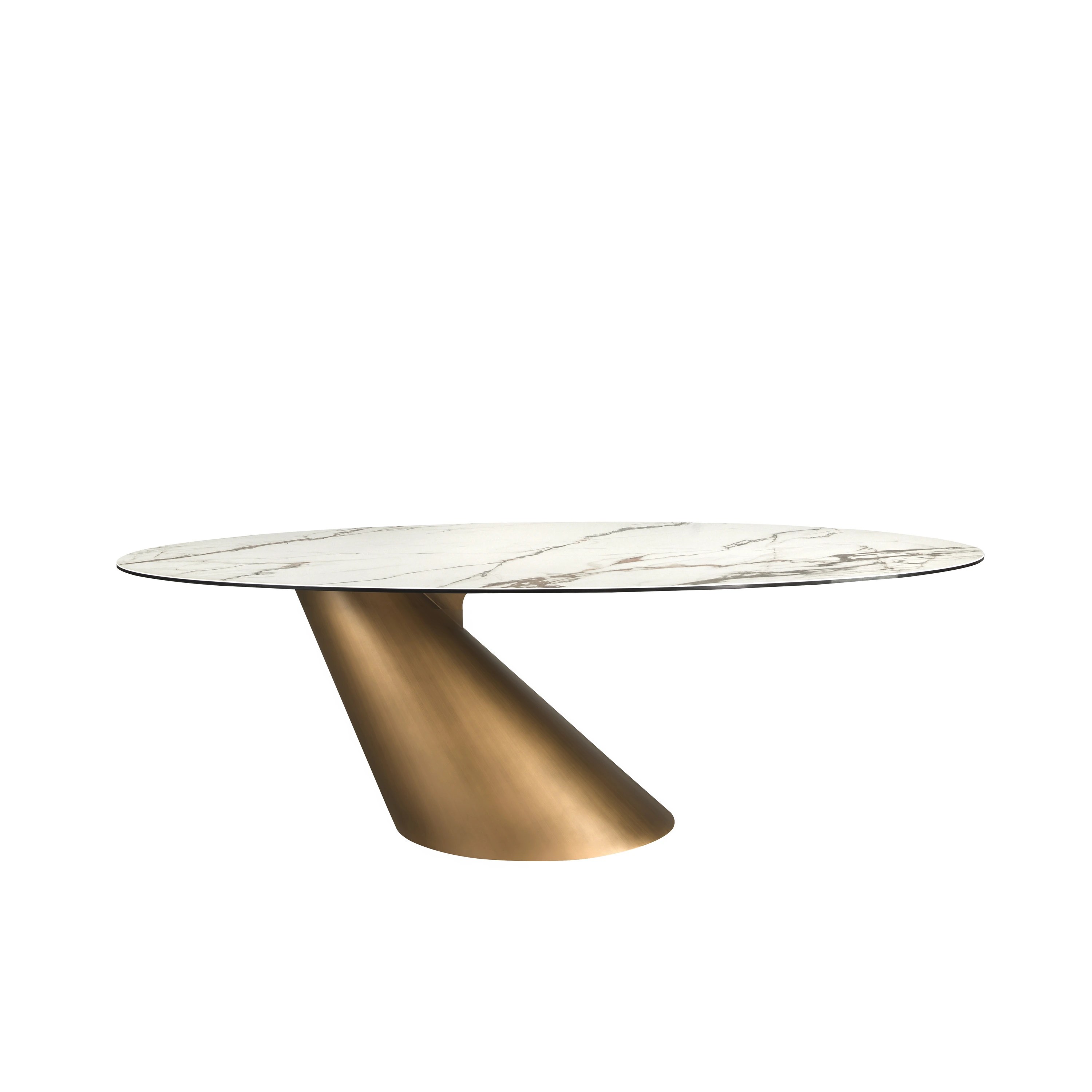 Table de salle à manger ovale en marbre de porcelaine et tonneau en acier couleur bronze