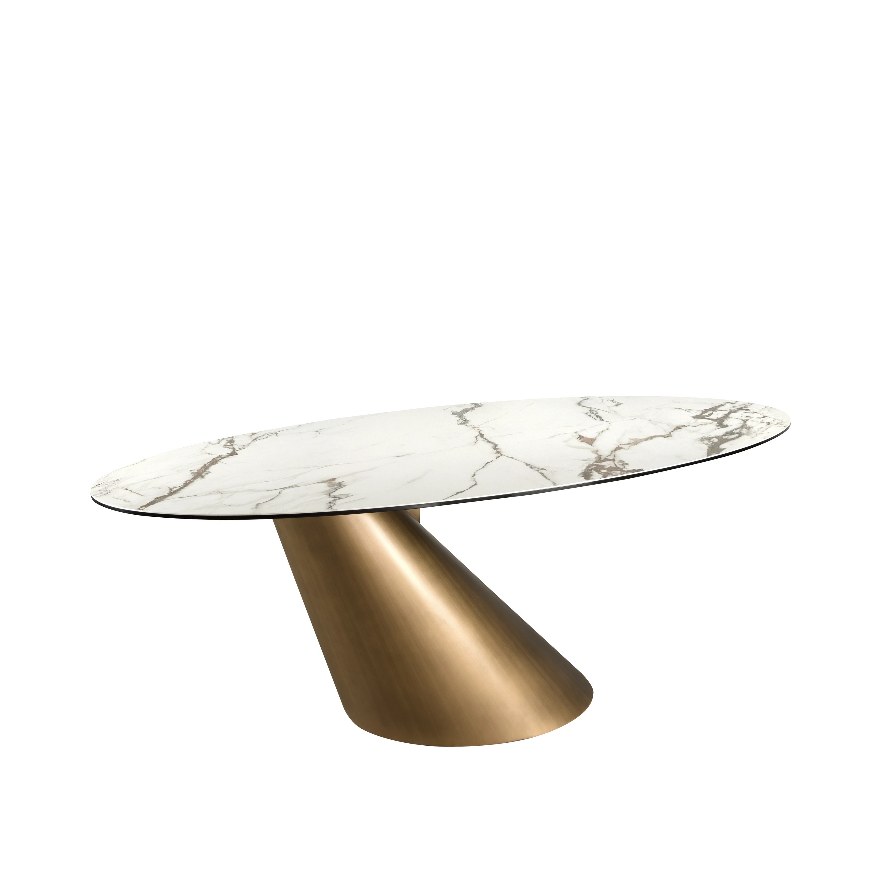 Table de salle à manger ovale en marbre de porcelaine et tonneau en acier couleur bronze