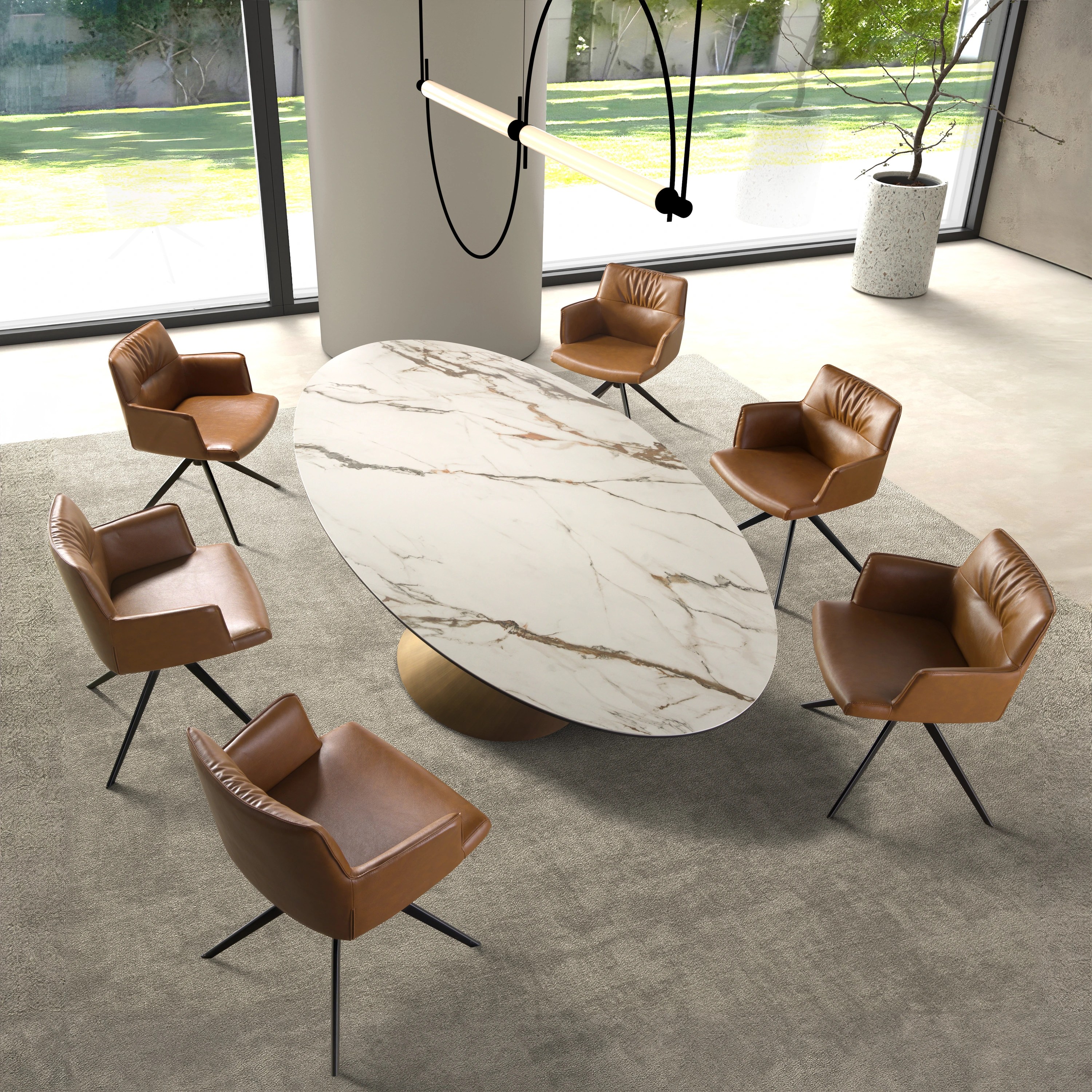Table de salle à manger ovale en marbre de porcelaine et tonneau en acier couleur bronze