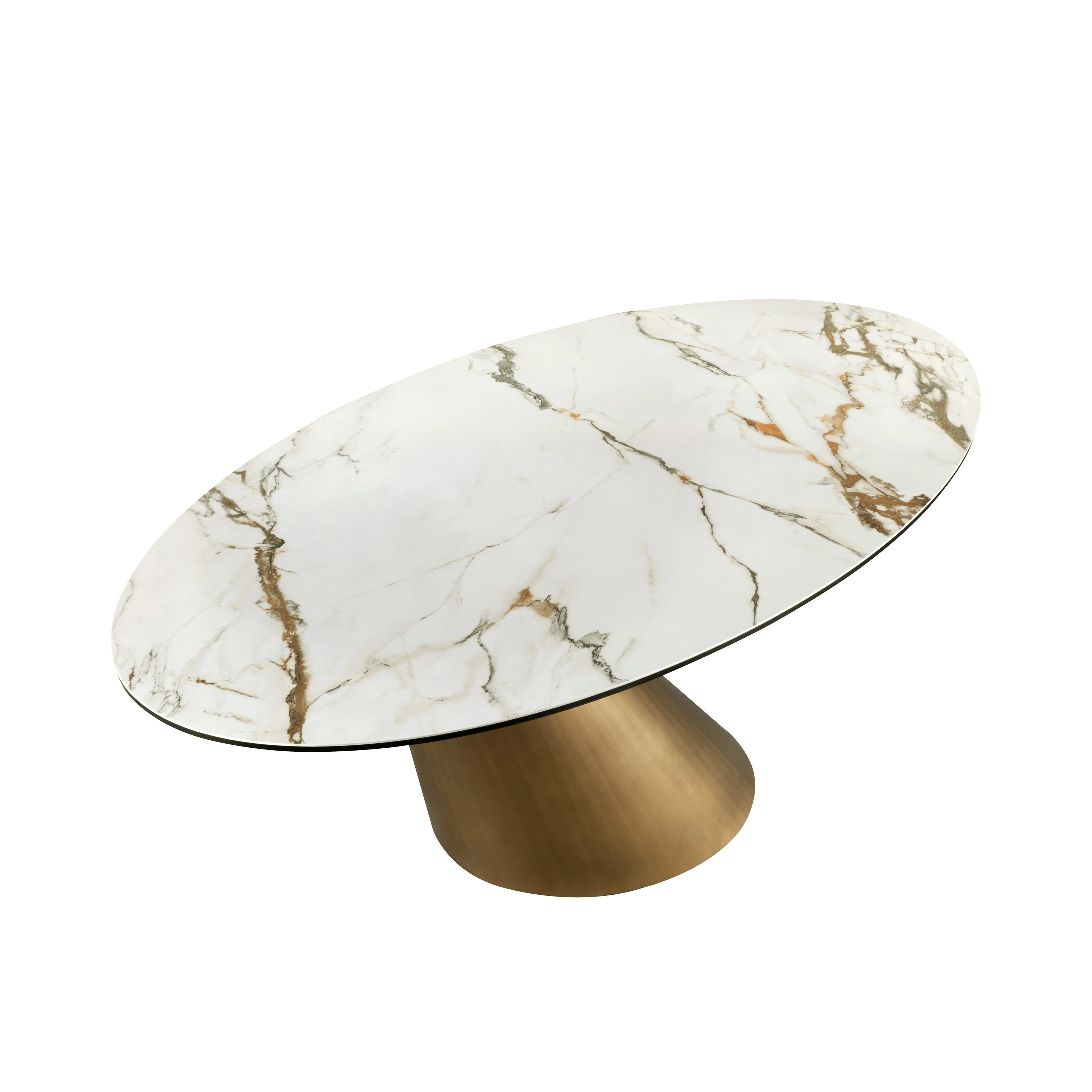 Table de salle à manger ovale en marbre de porcelaine et tonneau en acier couleur bronze