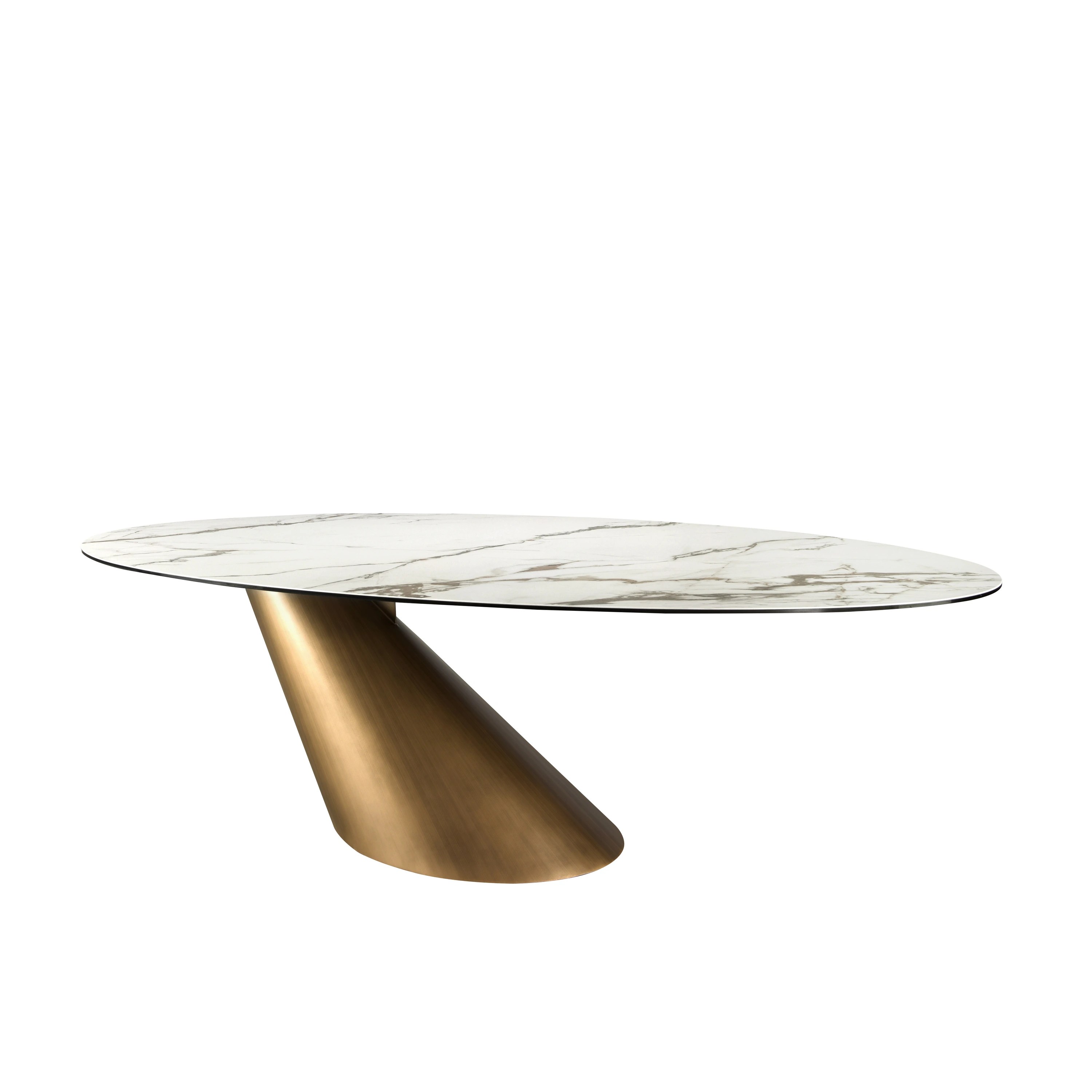 Table de salle à manger ovale en marbre de porcelaine et tonneau en acier couleur bronze