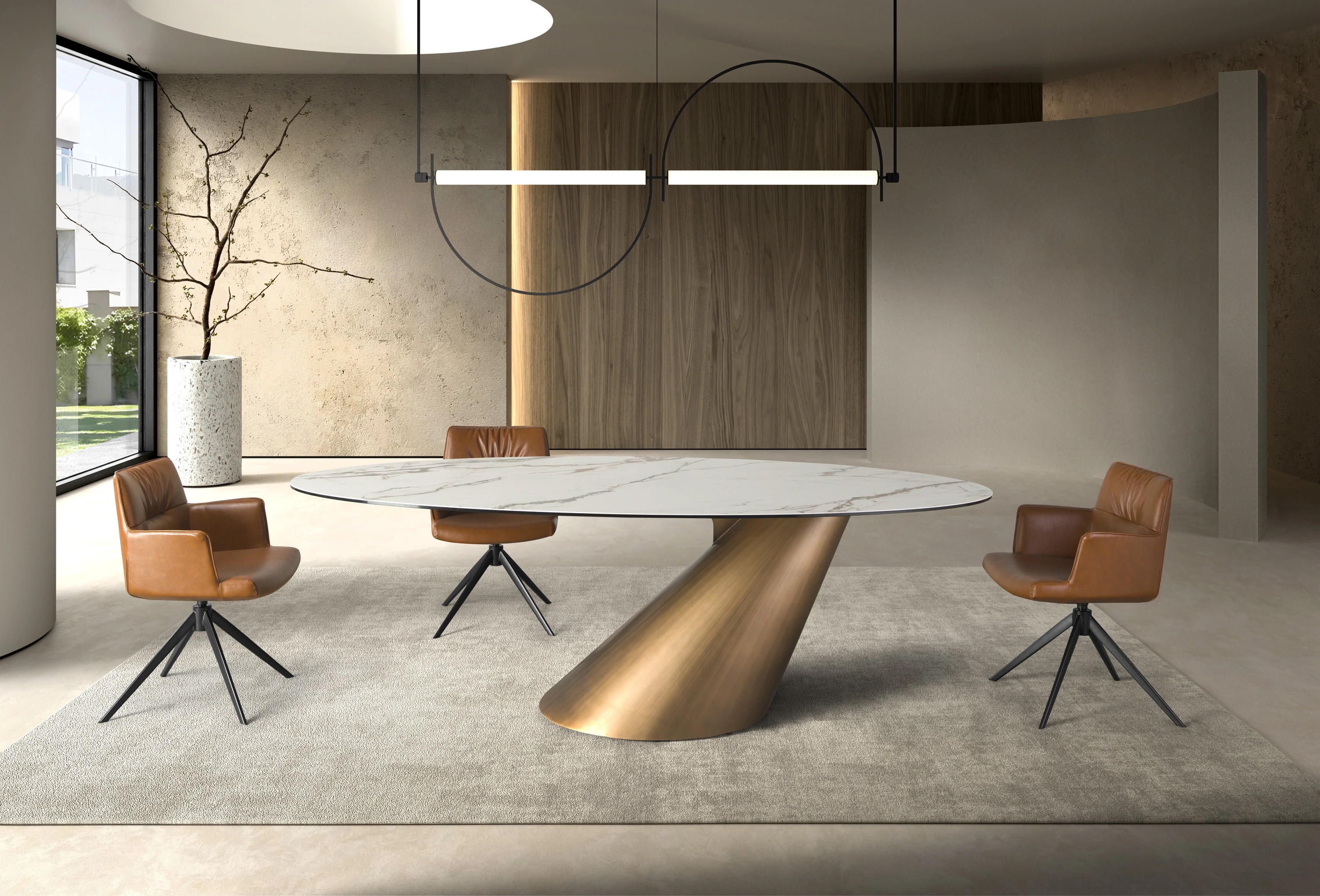 Table de salle à manger ovale en marbre de porcelaine et tonneau en acier couleur bronze