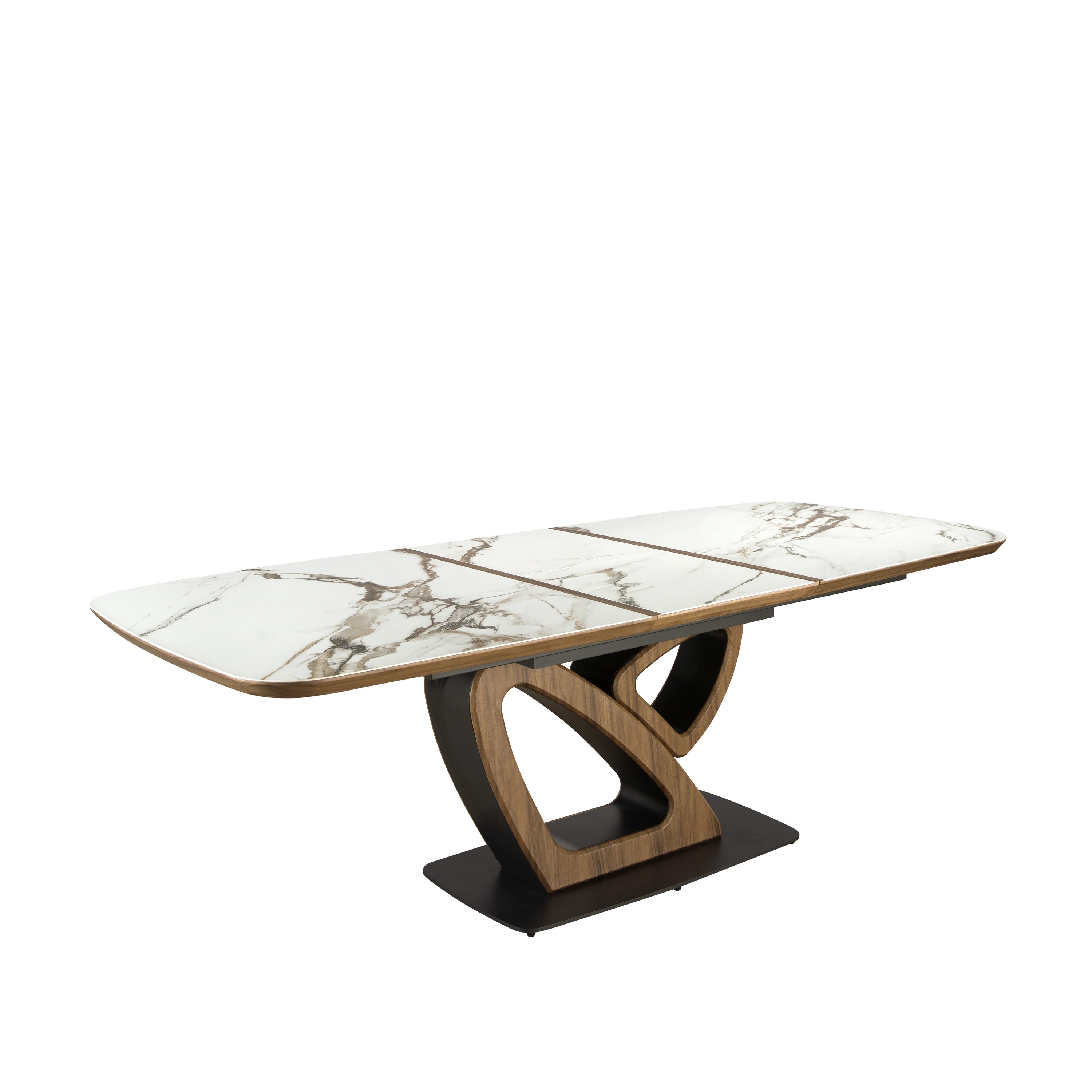 Table de salle à manger ovale à rallonge en marbre de porcelaine et tonneau en noyer