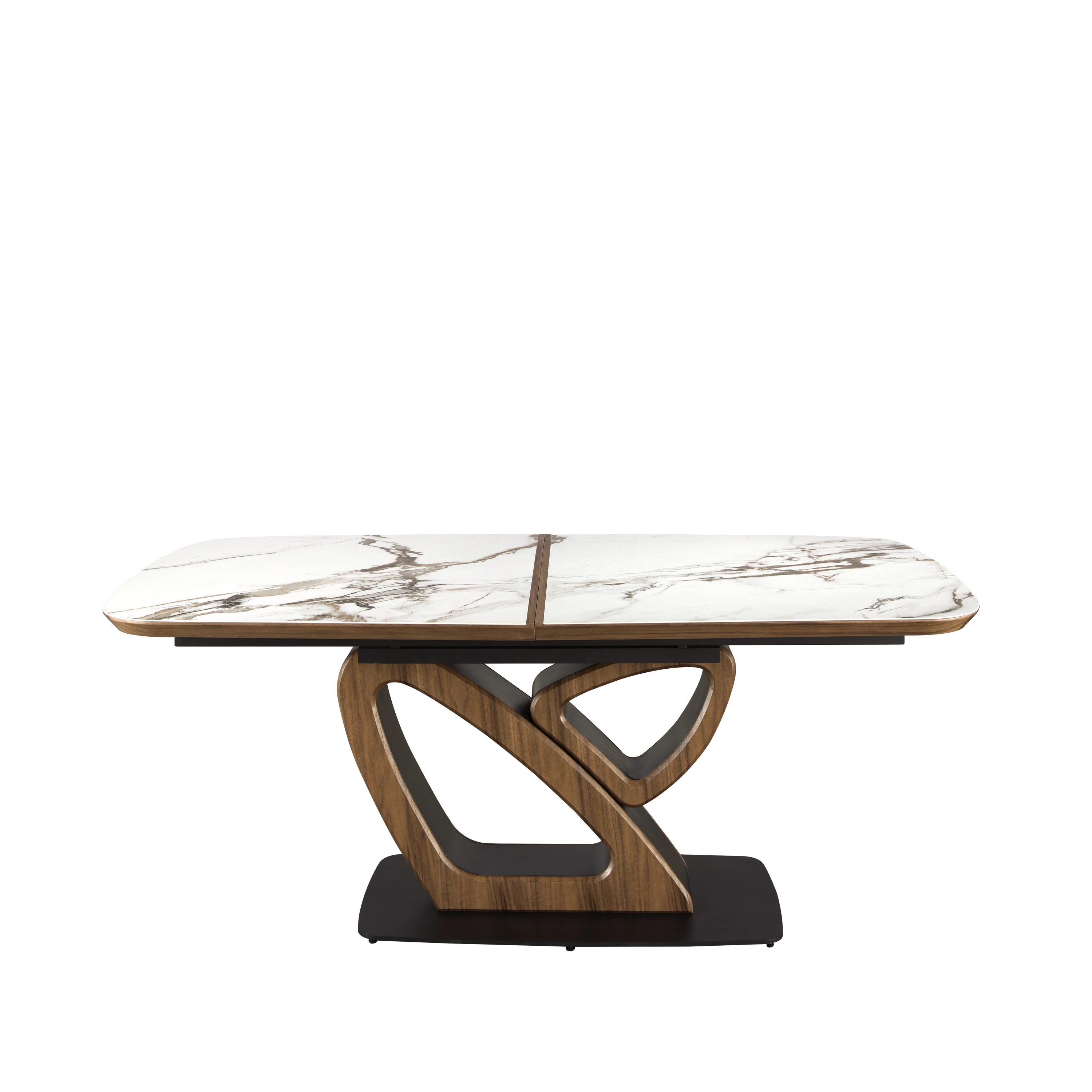 Table de salle à manger ovale à rallonge en marbre de porcelaine et tonneau en noyer