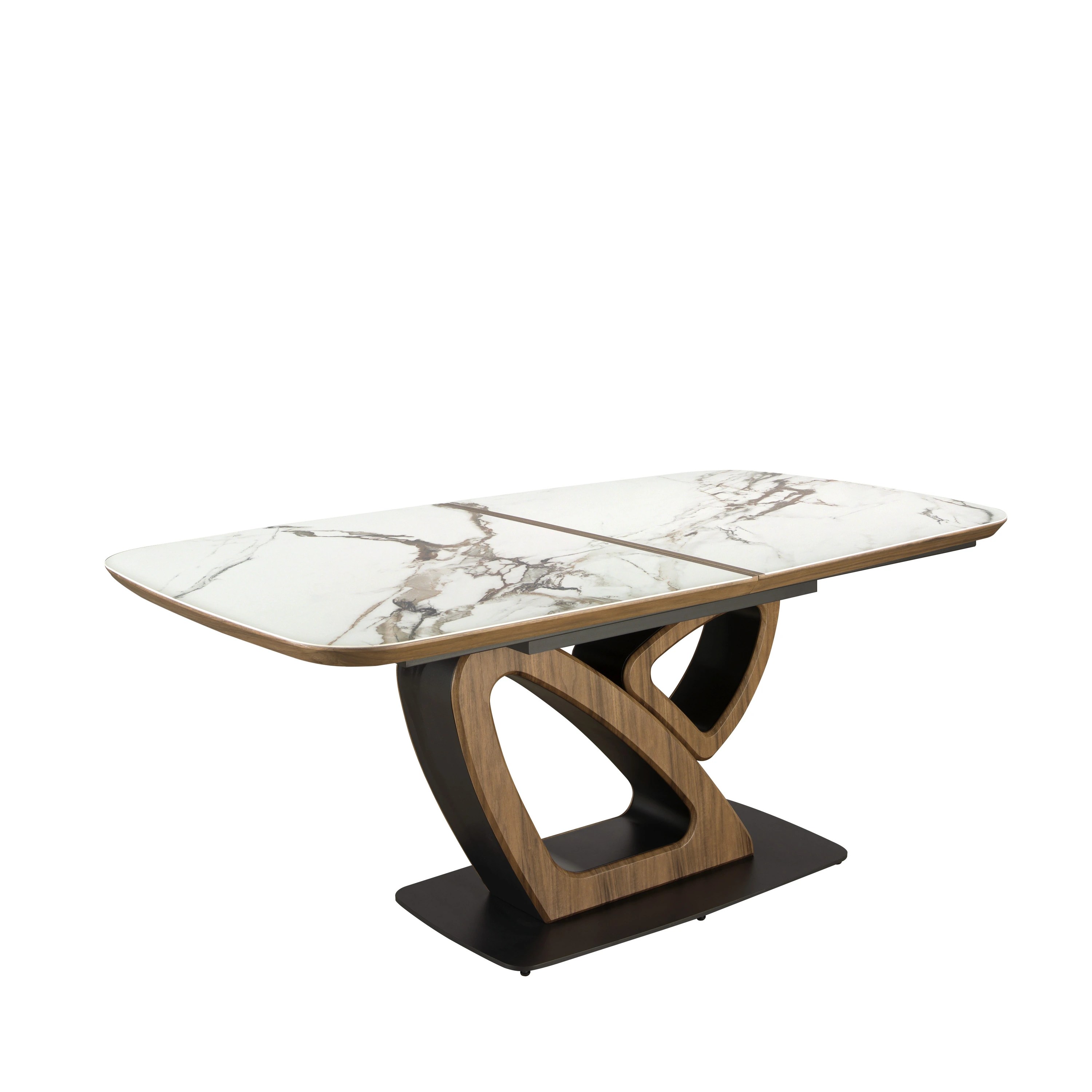 Table de salle à manger ovale à rallonge en marbre de porcelaine et tonneau en noyer