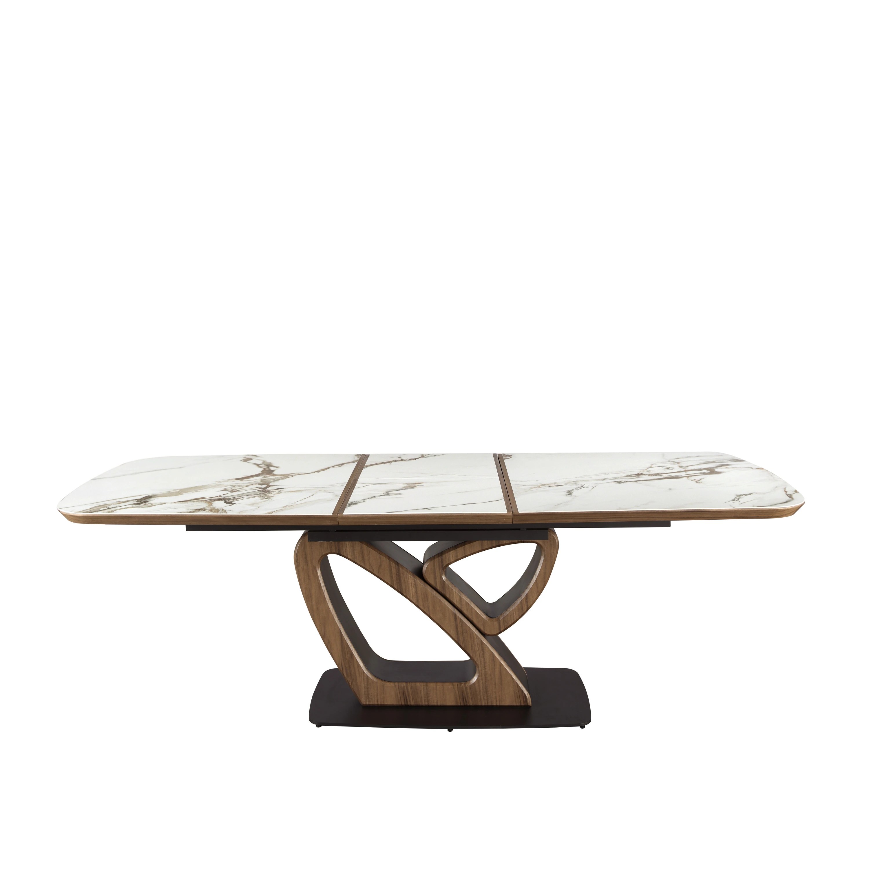 Table de salle à manger ovale à rallonge en marbre de porcelaine et tonneau en noyer