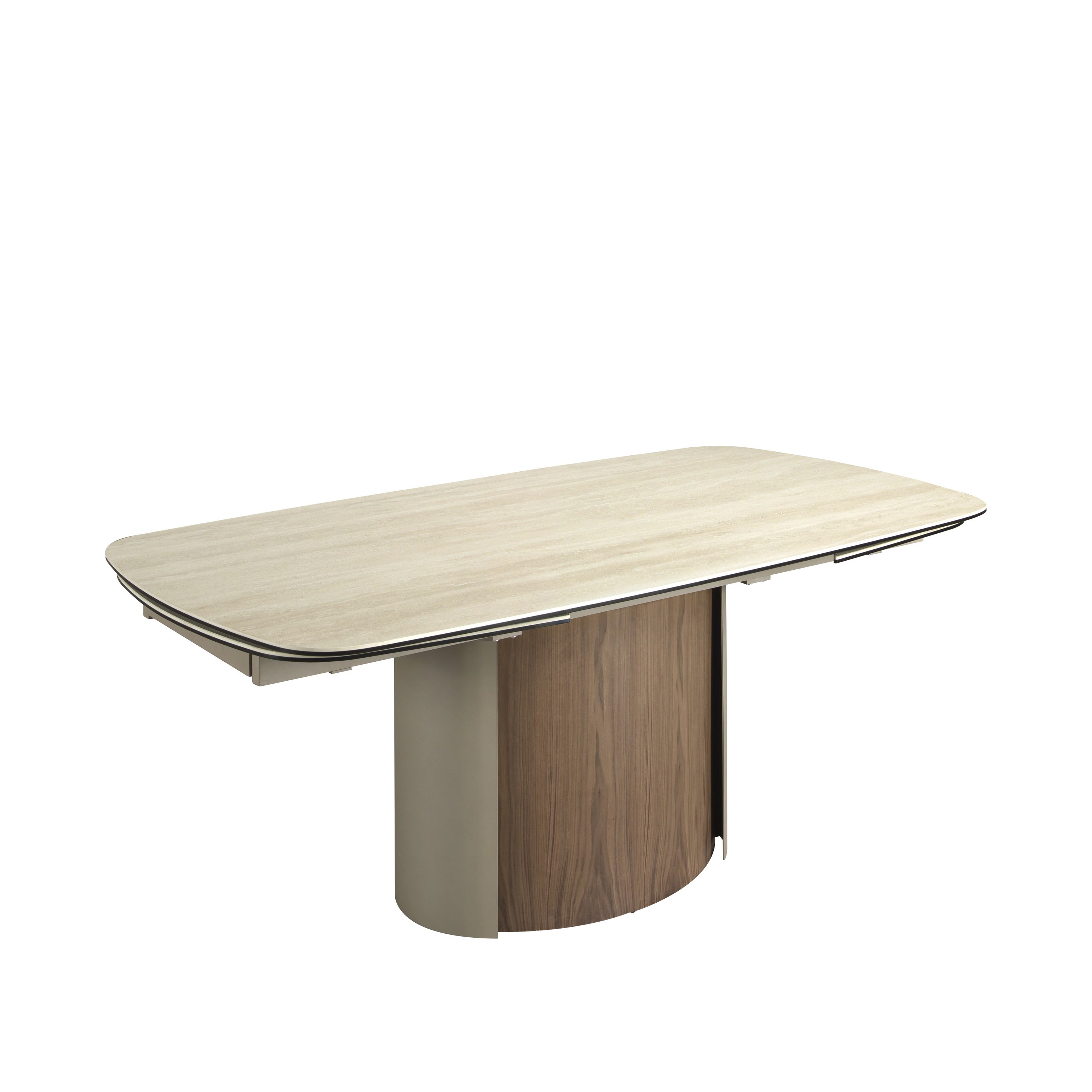 Table de salle à manger rectangulaire à rallonge en marbre porcelaine, acier sable métallique et noyer