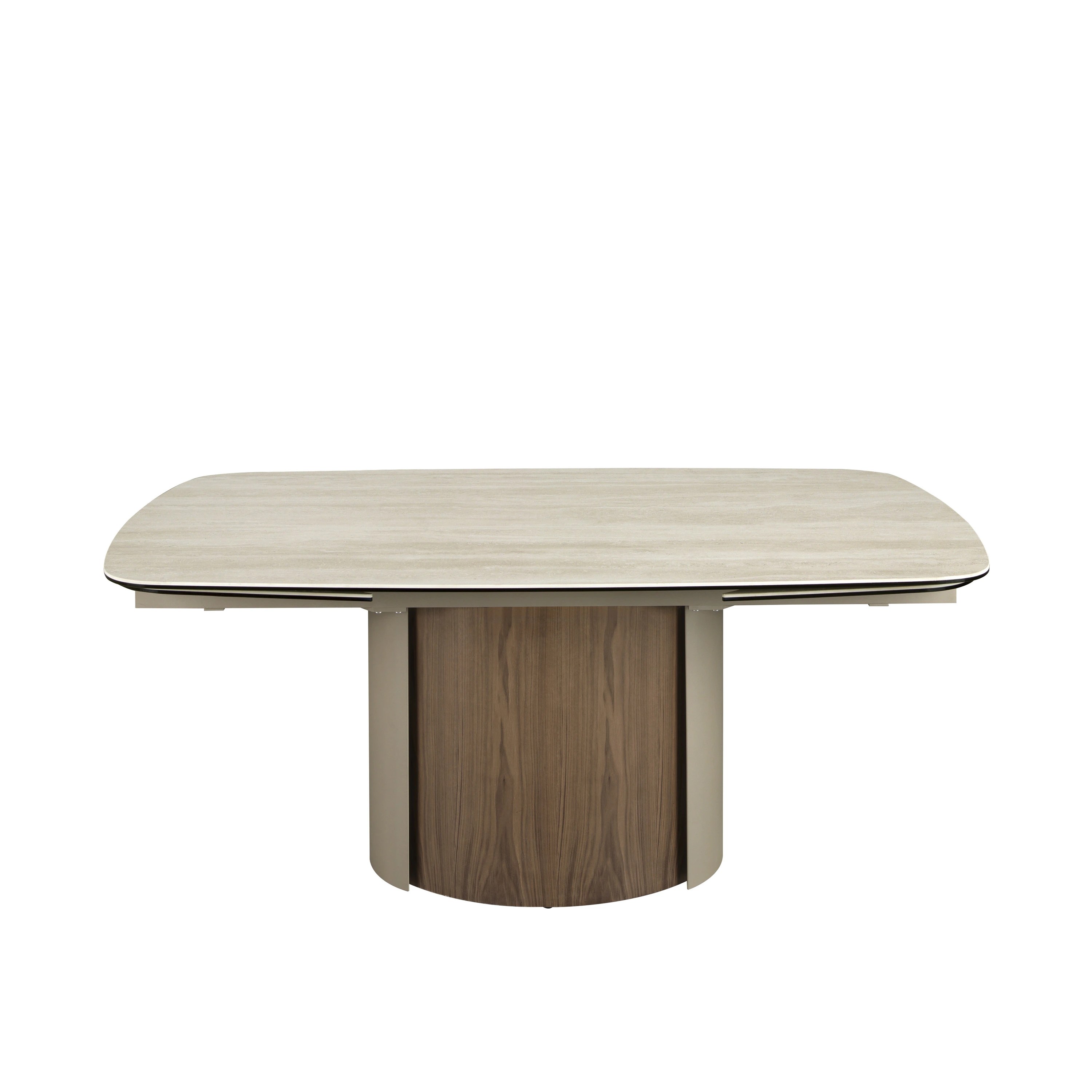 Table de salle à manger rectangulaire à rallonge en marbre porcelaine, acier sable métallique et noyer