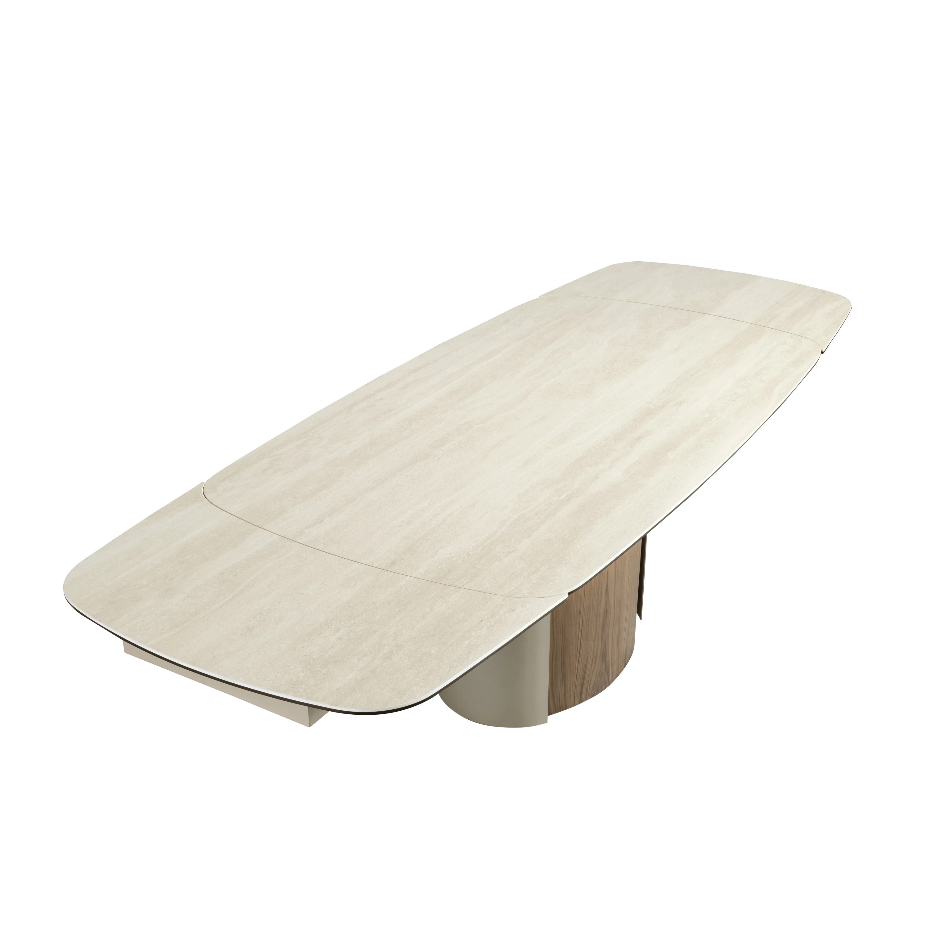Table de salle à manger rectangulaire à rallonge en marbre porcelaine, acier sable métallique et noyer