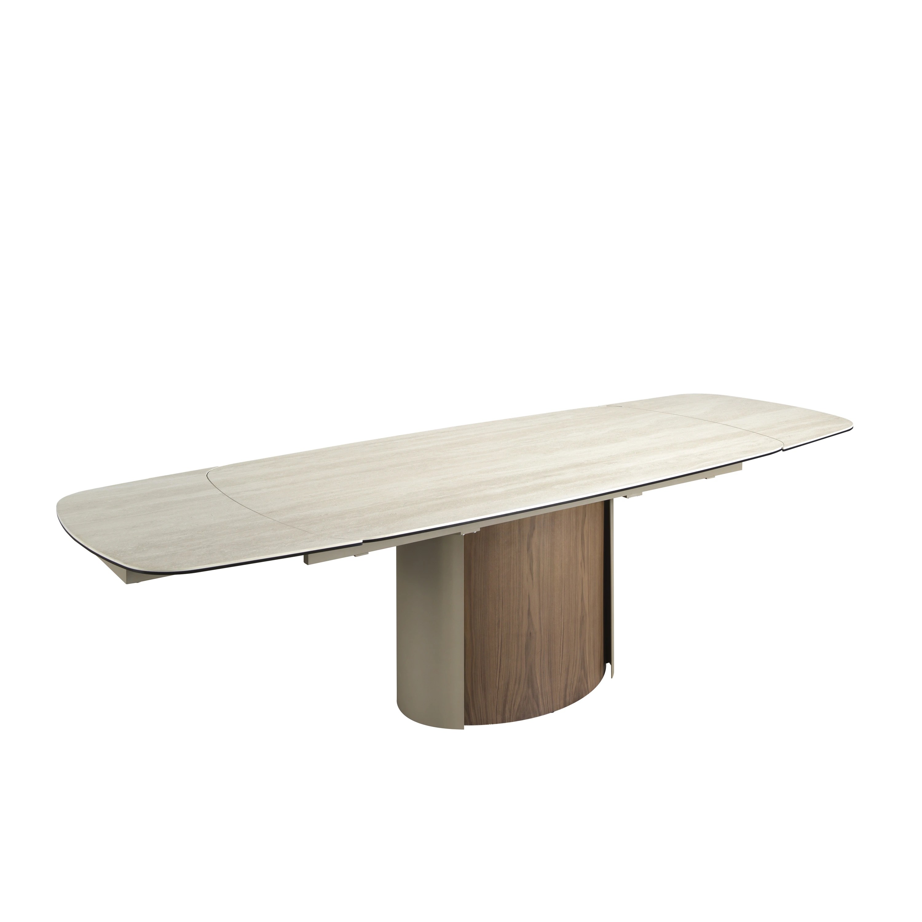 Table de salle à manger rectangulaire à rallonge en marbre porcelaine, acier sable métallique et noyer