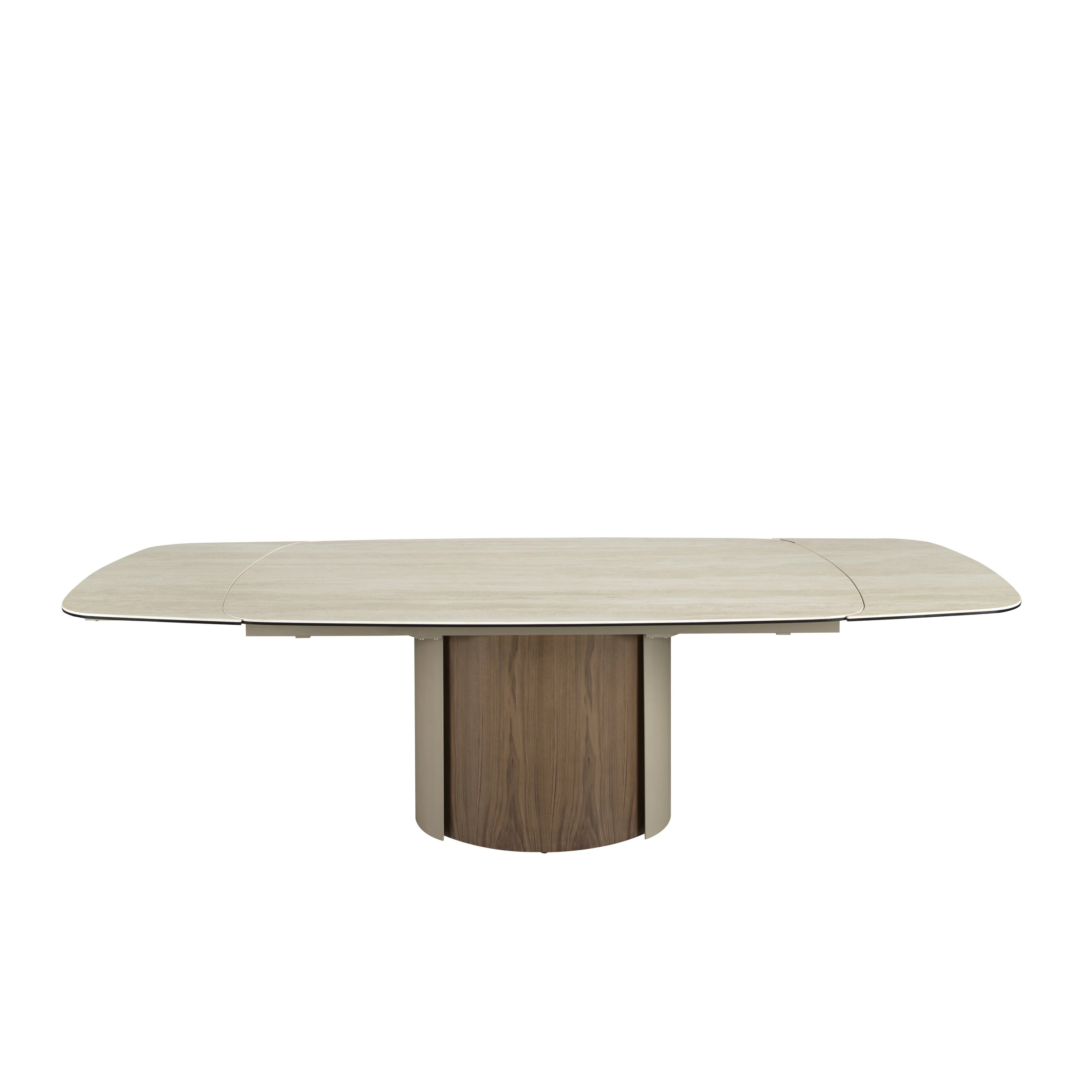 Table de salle à manger rectangulaire à rallonge en marbre porcelaine, acier sable métallique et noyer