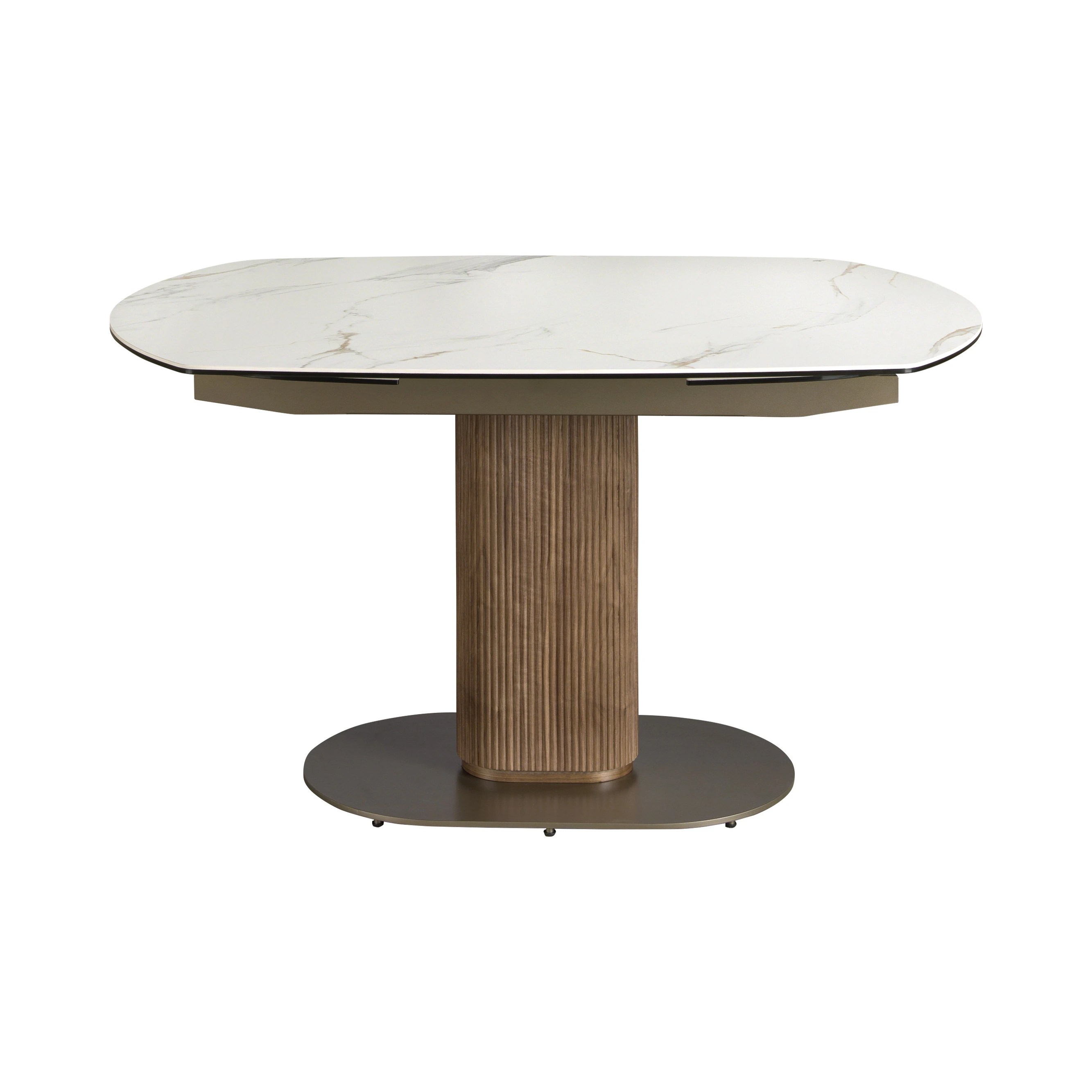 Table de salle à manger ovale à rallonge en marbre de porcelaine et tonneau en noyer