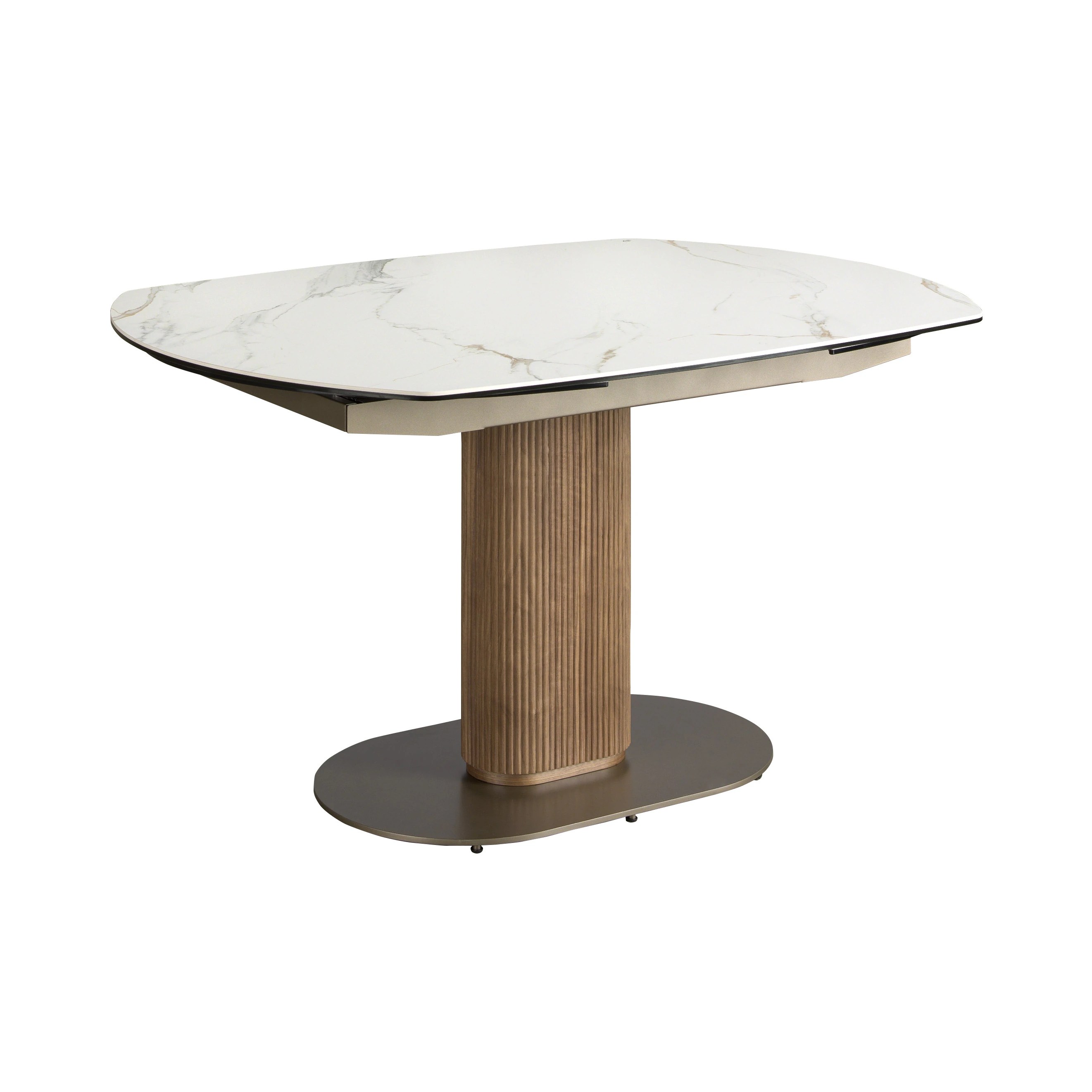 Table de salle à manger ovale à rallonge en marbre de porcelaine et tonneau en noyer