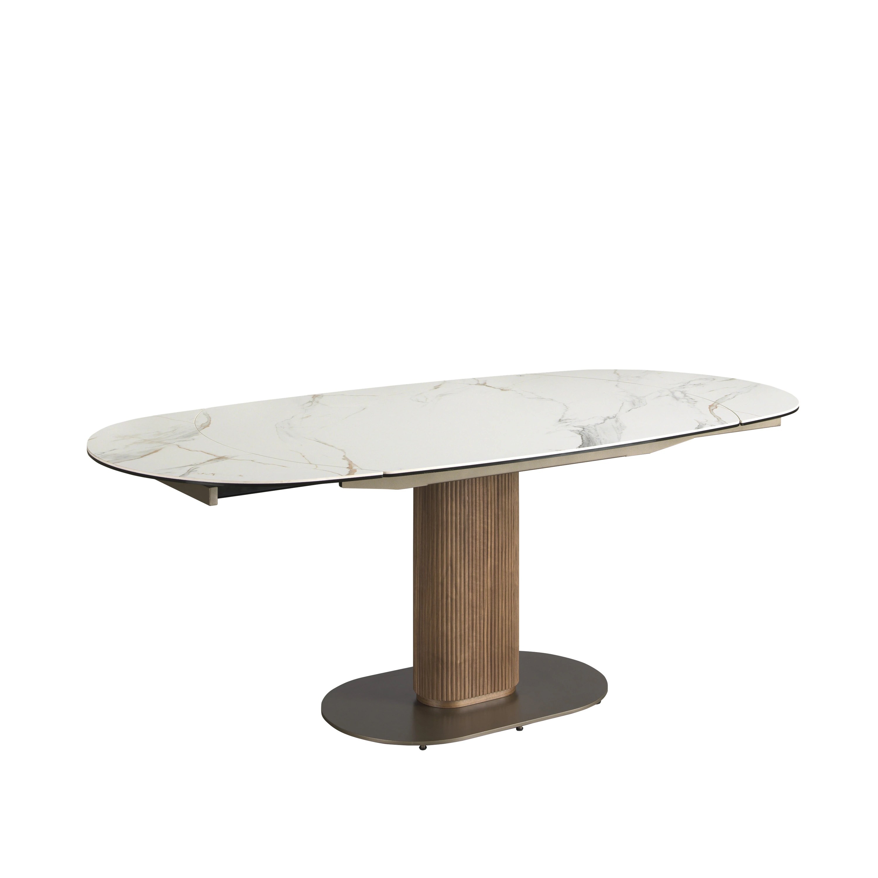 Table de salle à manger ovale à rallonge en marbre de porcelaine et tonneau en noyer