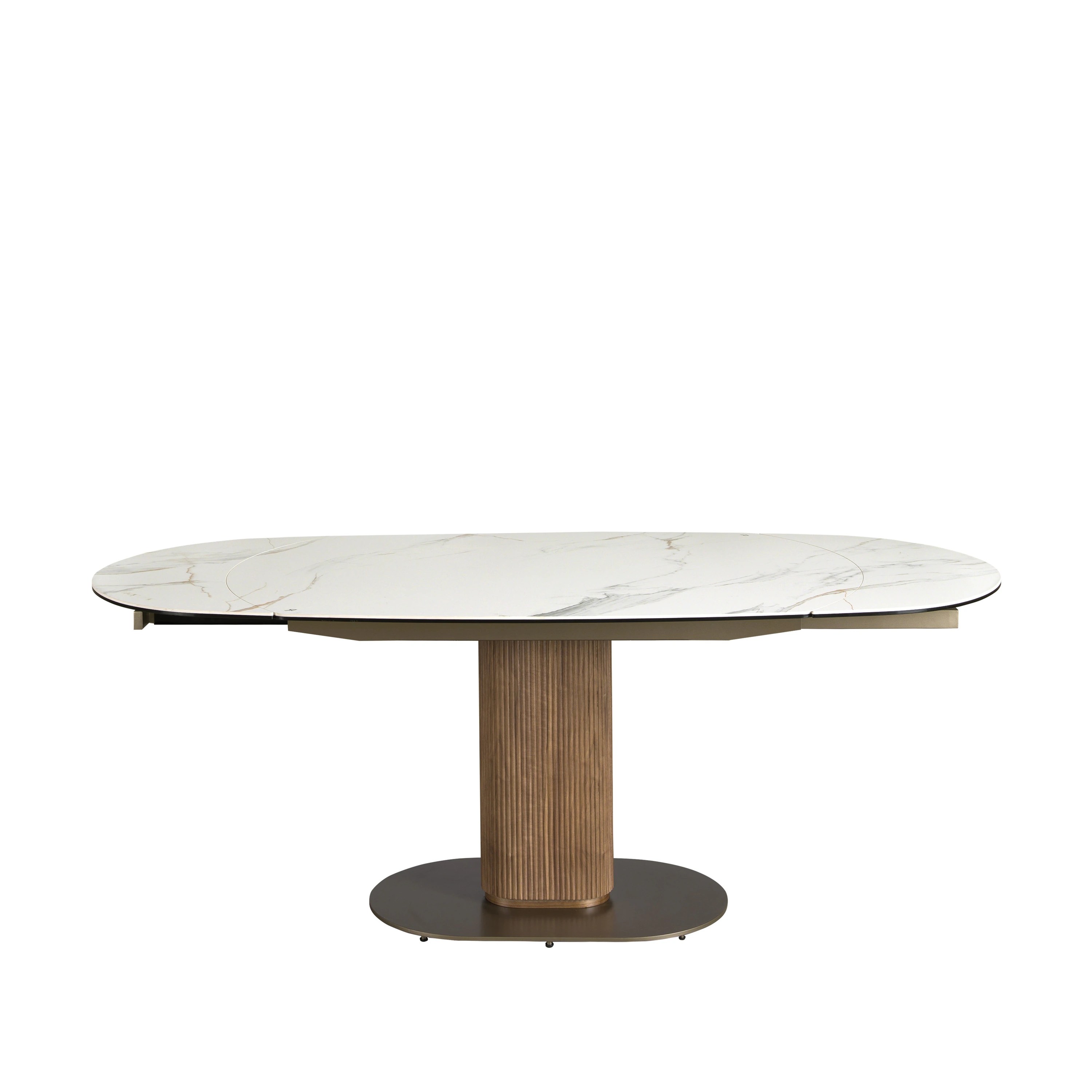 Table de salle à manger ovale à rallonge en marbre de porcelaine et tonneau en noyer