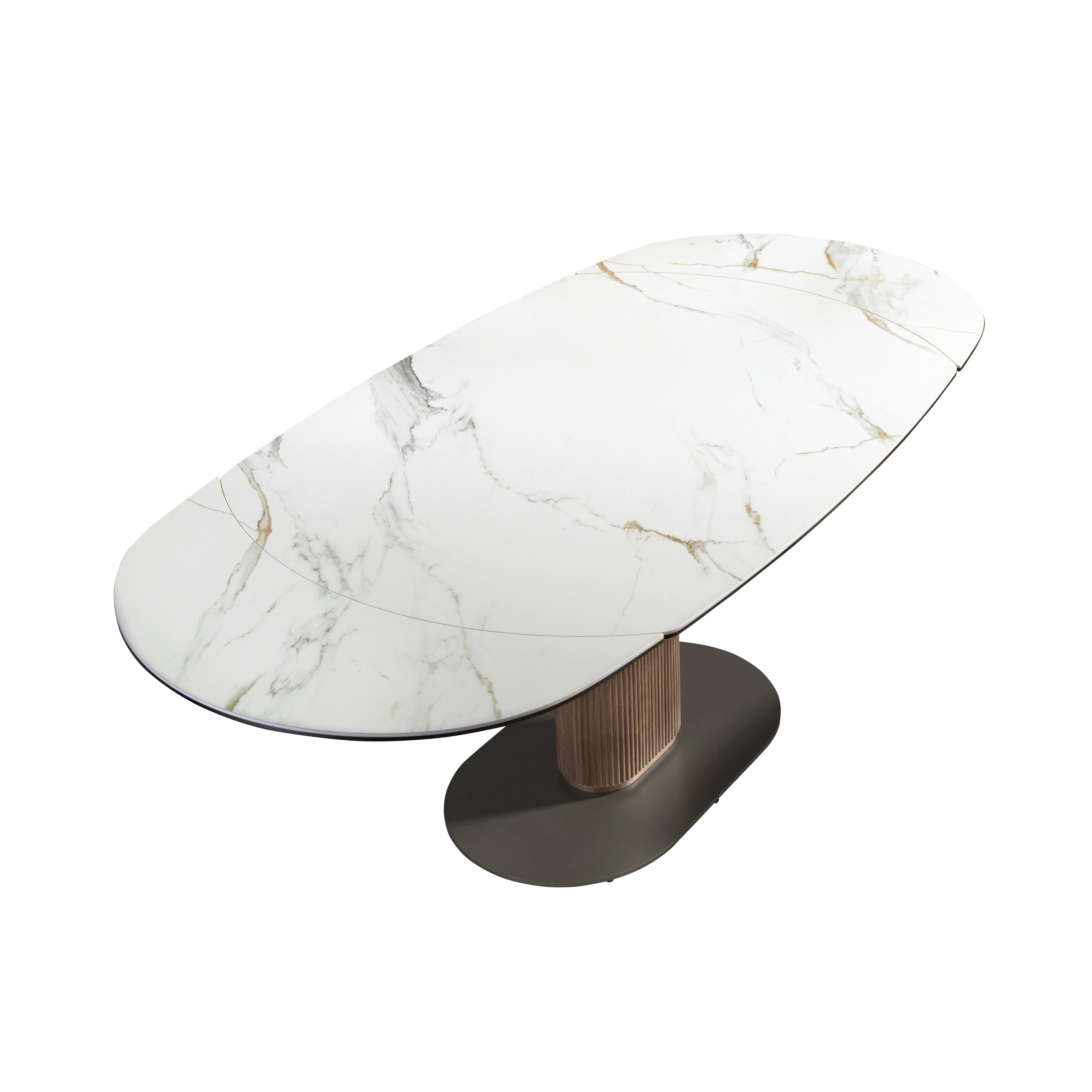 Table de salle à manger ovale à rallonge en marbre de porcelaine et tonneau en noyer