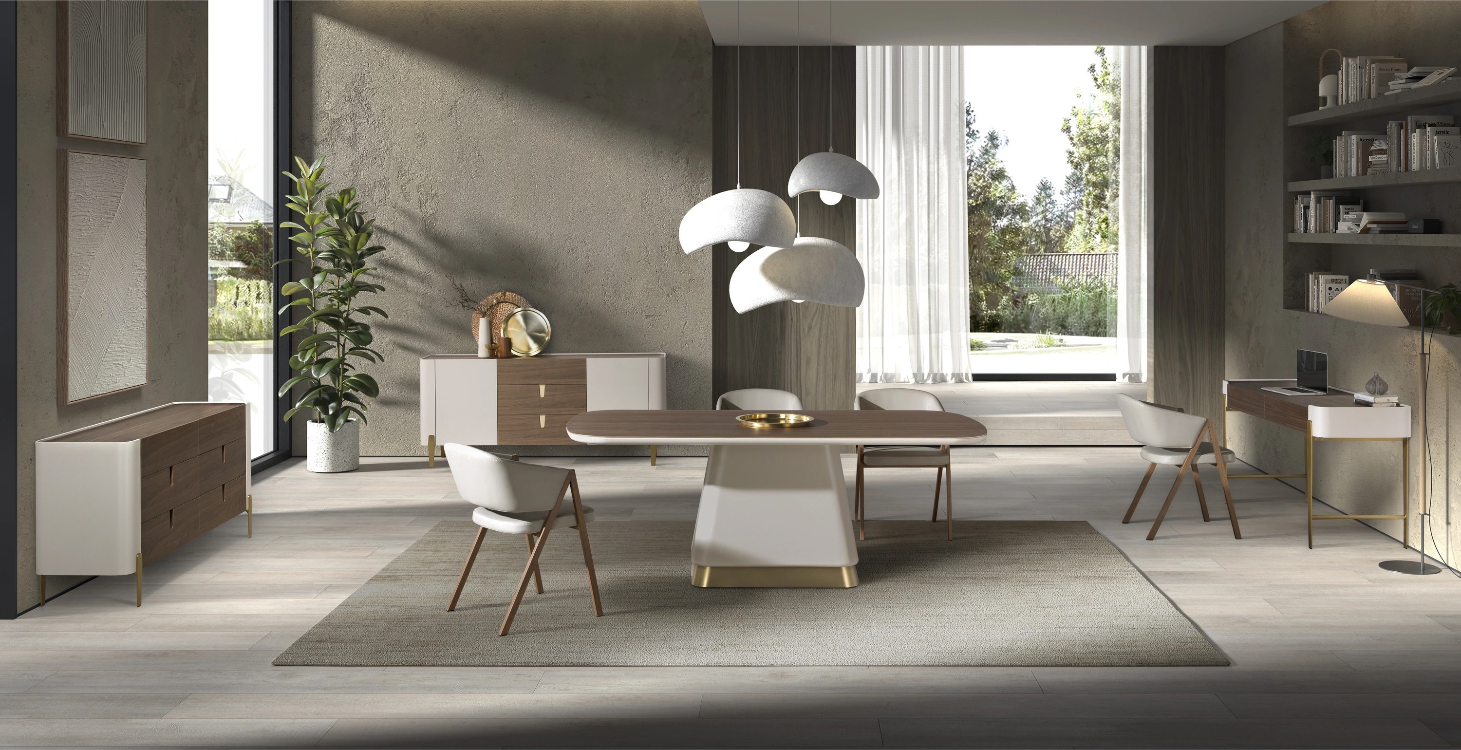 Table de salle à manger rectangulaire en noyer et bois beige