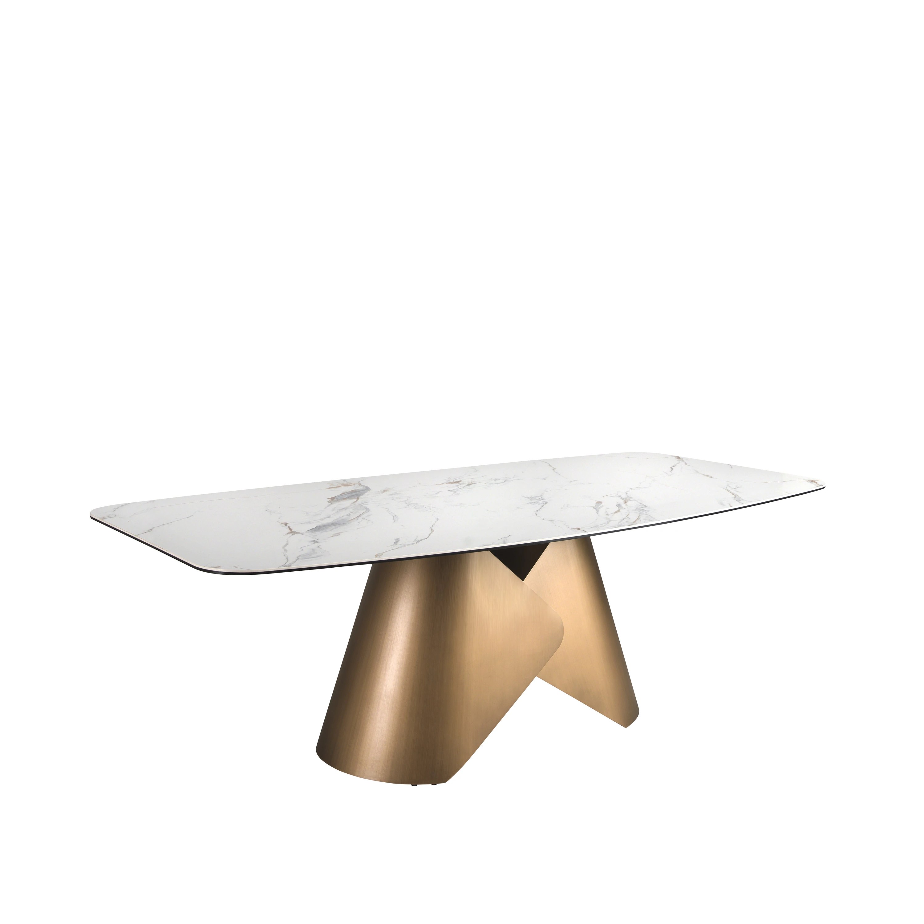 Table de salle à manger ovale en marbre de porcelaine et tonneau en acier couleur bronze