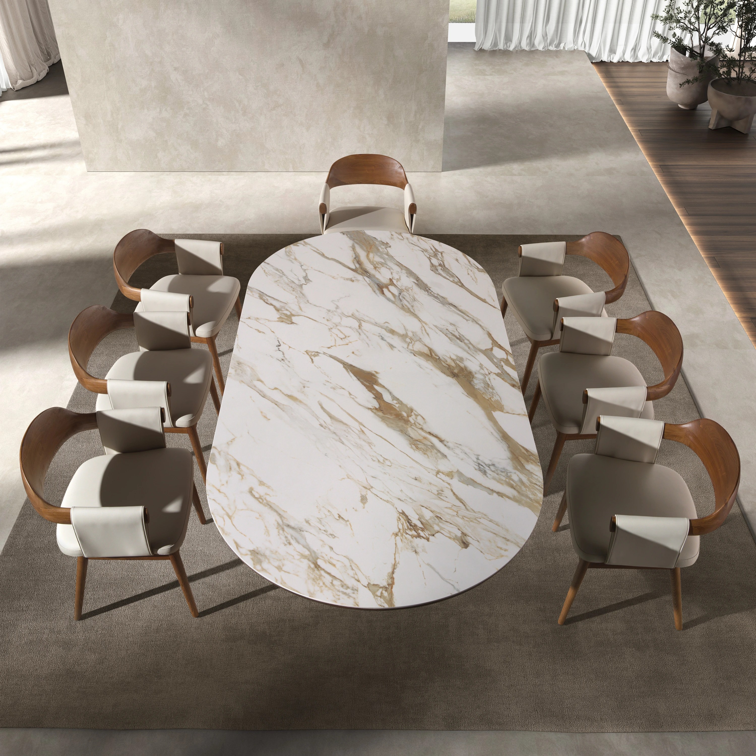 Table de salle à manger ovale demi-ronde en porcelaine, marbre et noyer