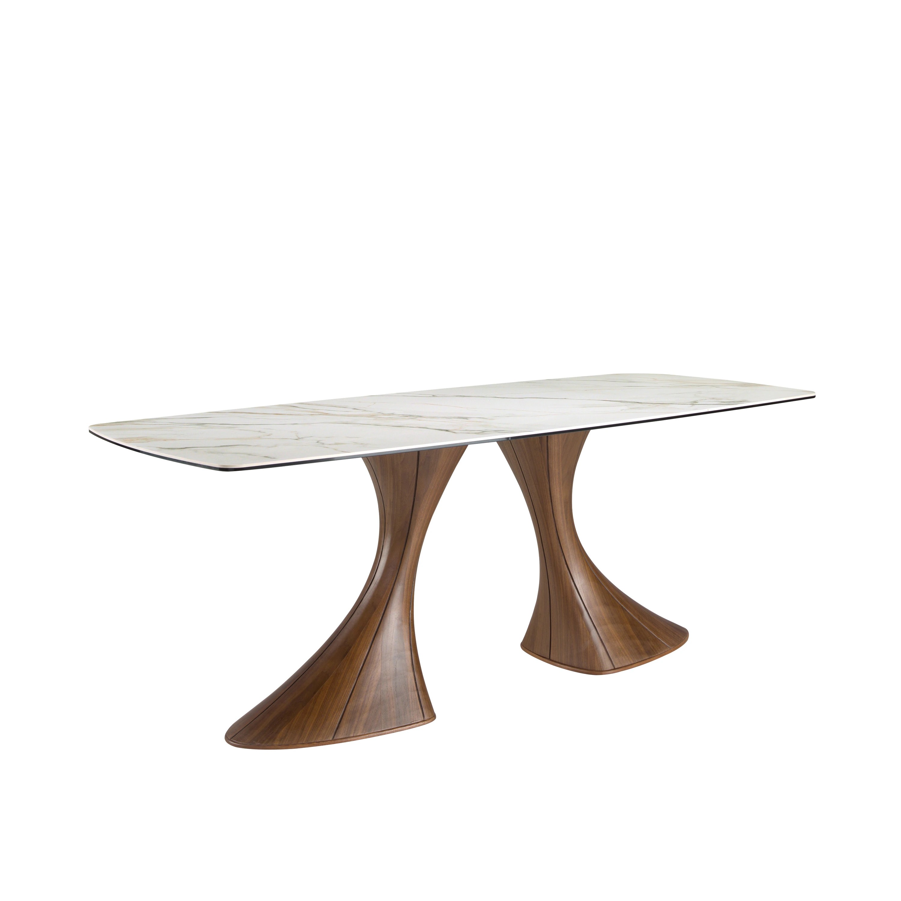Table de salle à manger ovale en forme de tonneau, marbre en porcelaine et noyer