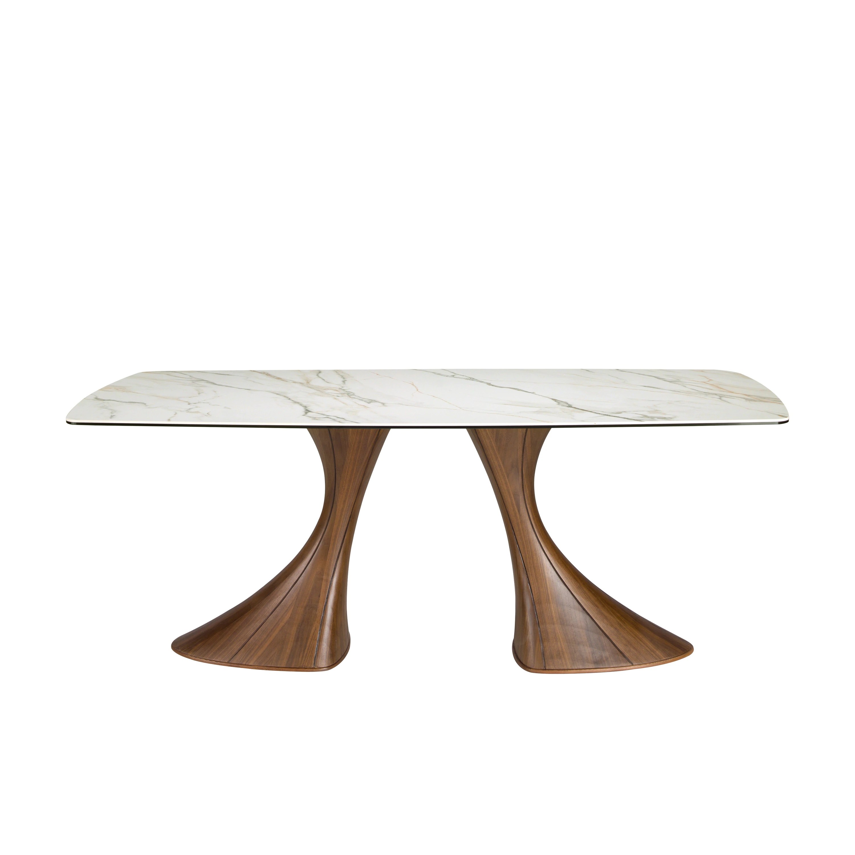 Table de salle à manger ovale en forme de tonneau, marbre en porcelaine et noyer