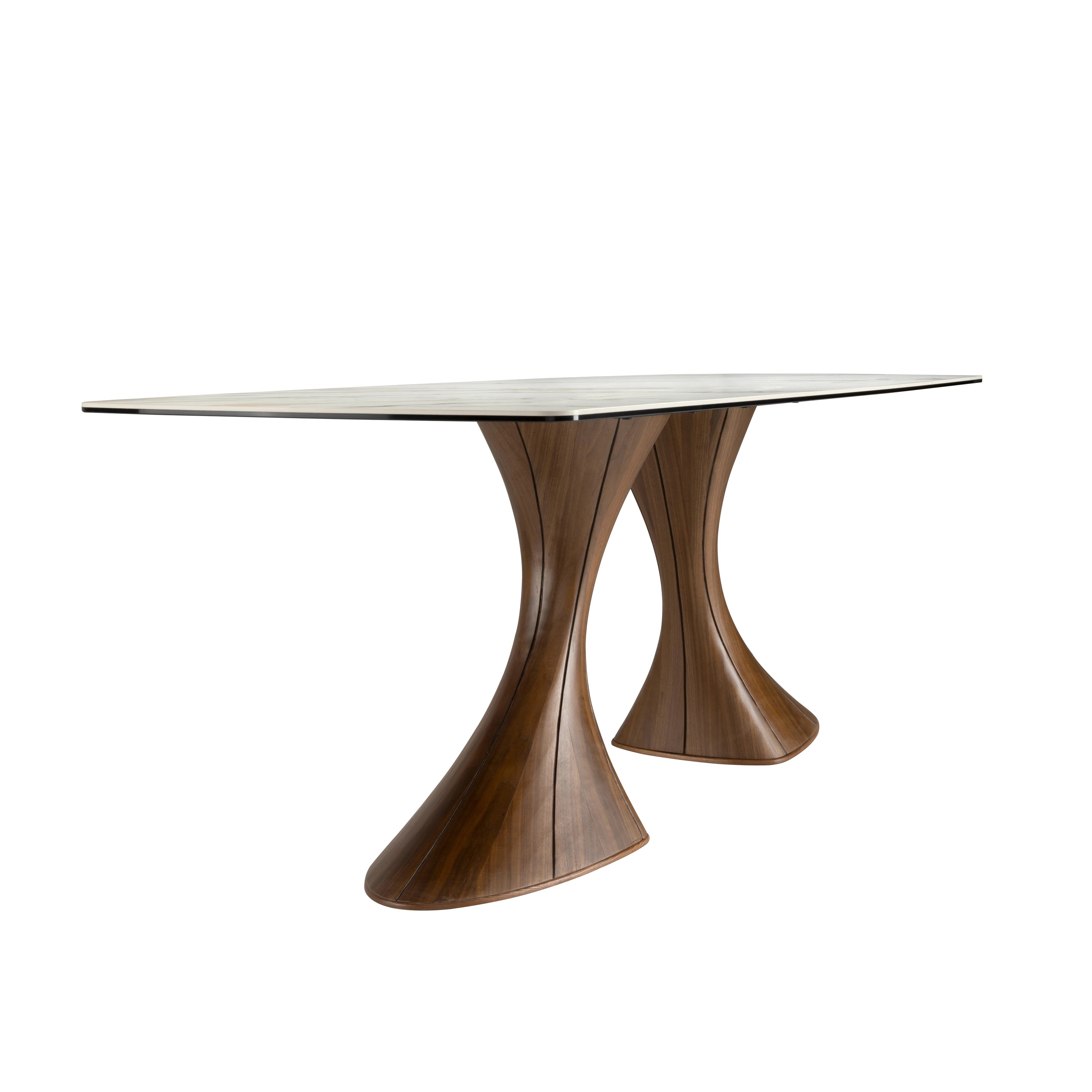 Table de salle à manger ovale en forme de tonneau, marbre en porcelaine et noyer