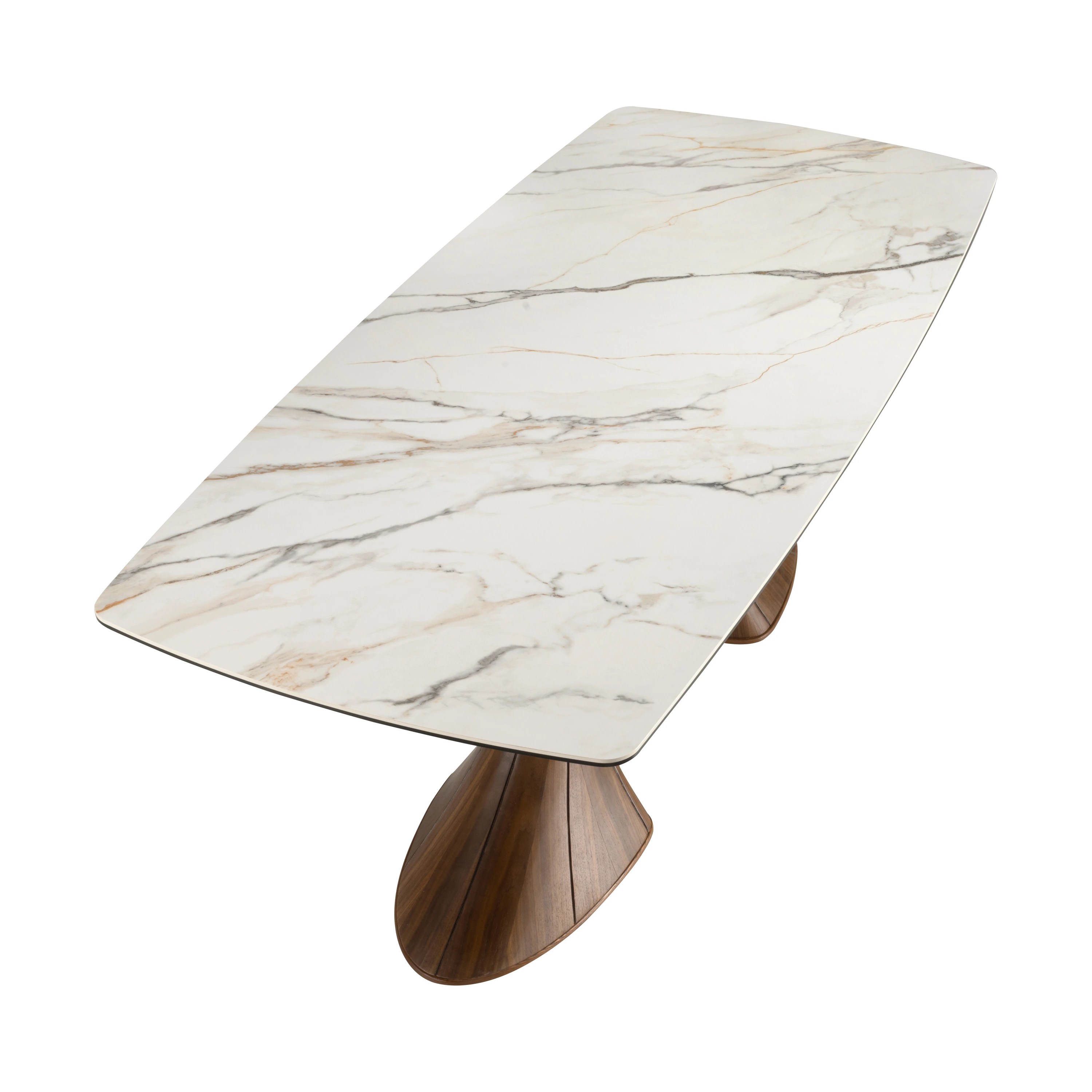 Table de salle à manger ovale en forme de tonneau, marbre en porcelaine et noyer