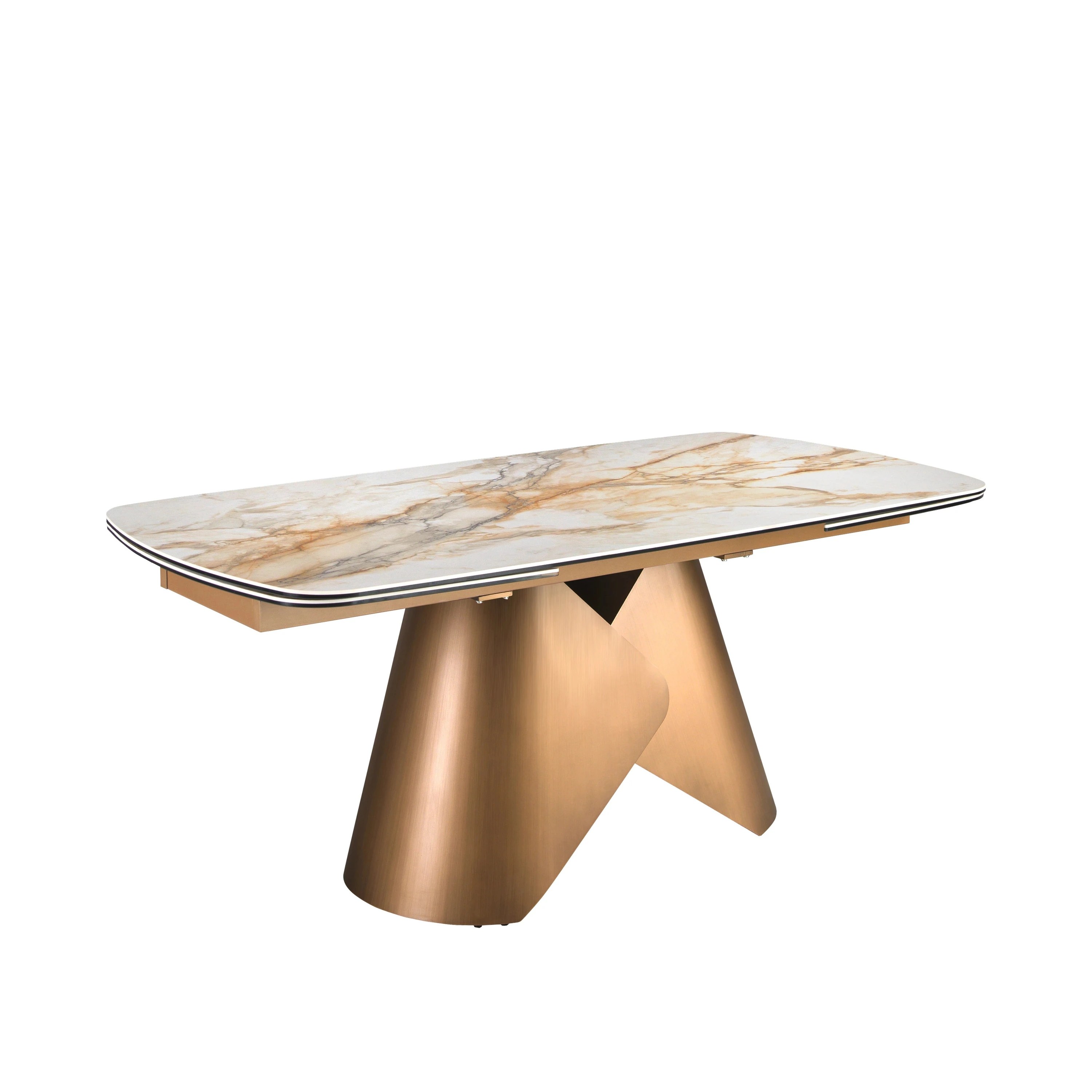 Table de salle à manger extensible ovale en forme de tonneau en marbre porcelanique et structure en acier coloris bronze