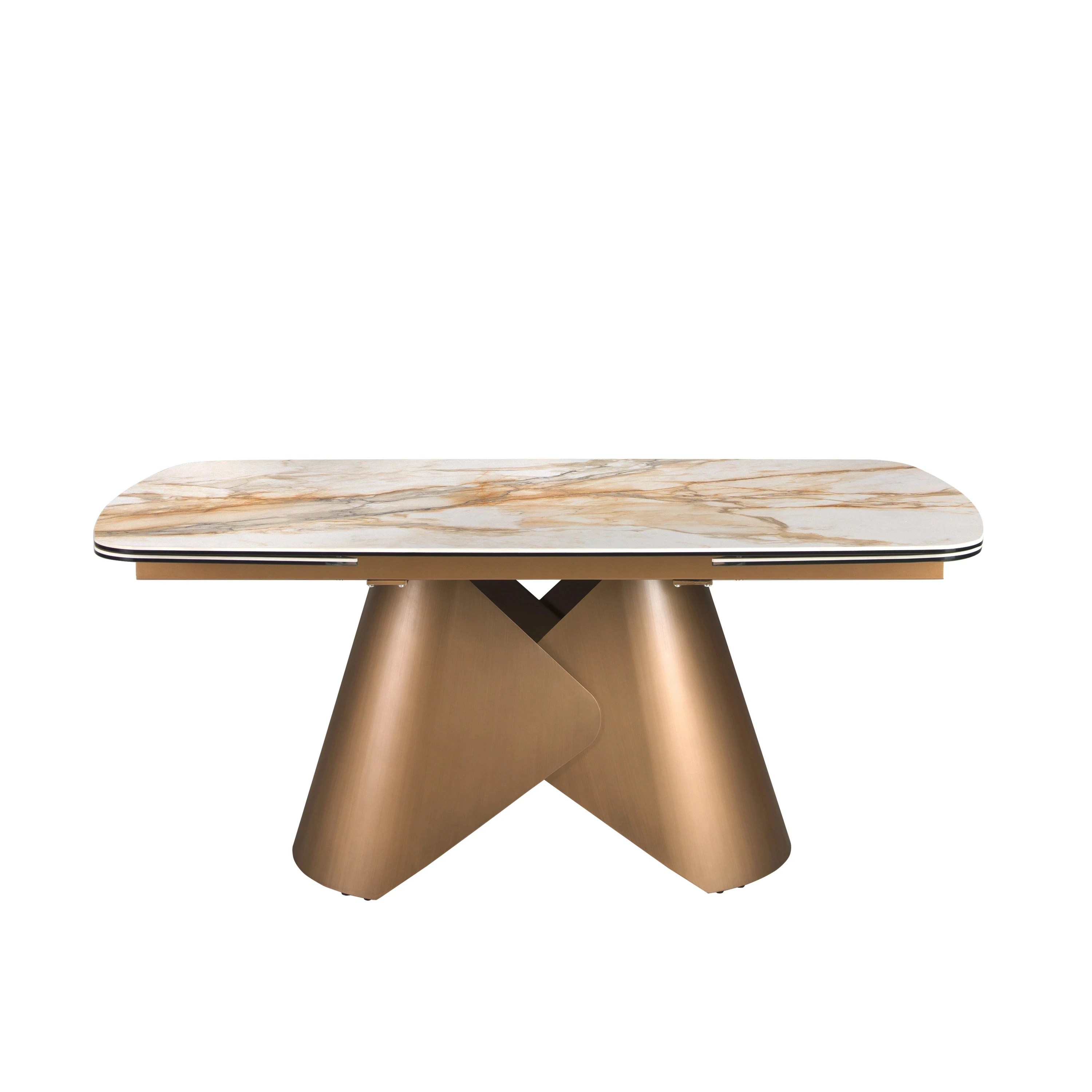 Table de salle à manger extensible ovale en forme de tonneau en marbre porcelanique et structure en acier coloris bronze