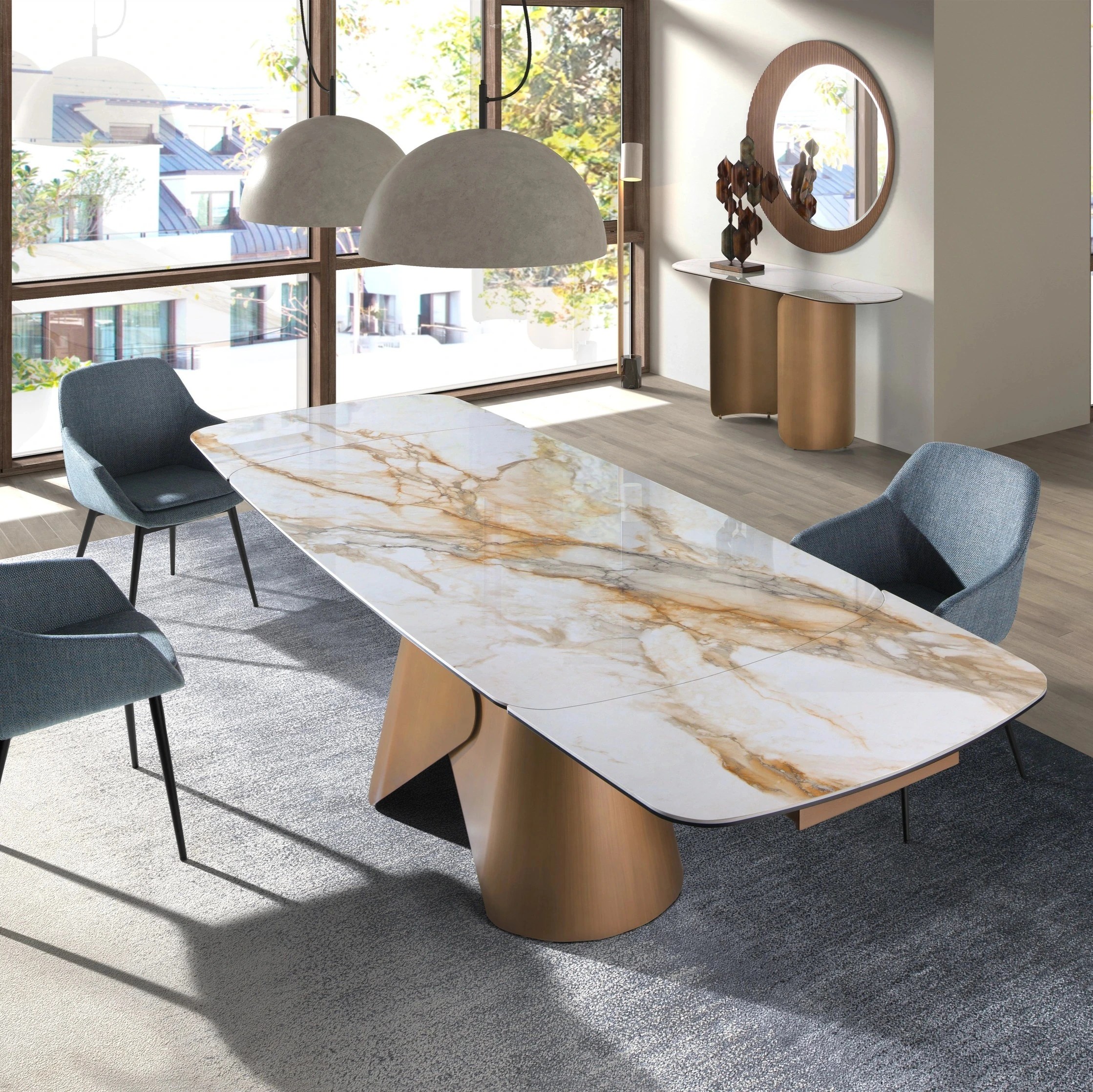 Table de salle à manger extensible ovale en forme de tonneau en marbre porcelanique et structure en acier coloris bronze
