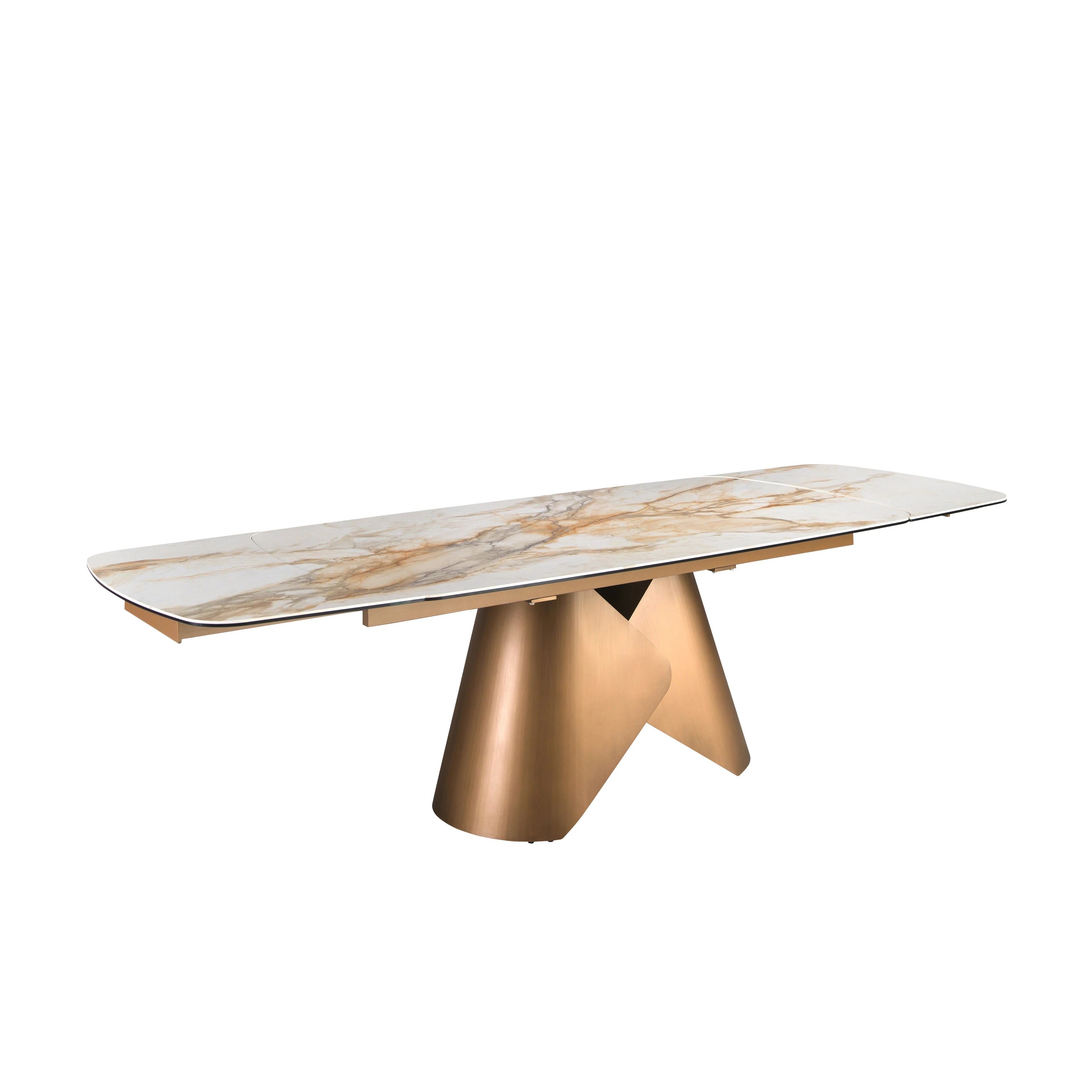 Table de salle à manger extensible ovale en forme de tonneau en marbre porcelanique et structure en acier coloris bronze