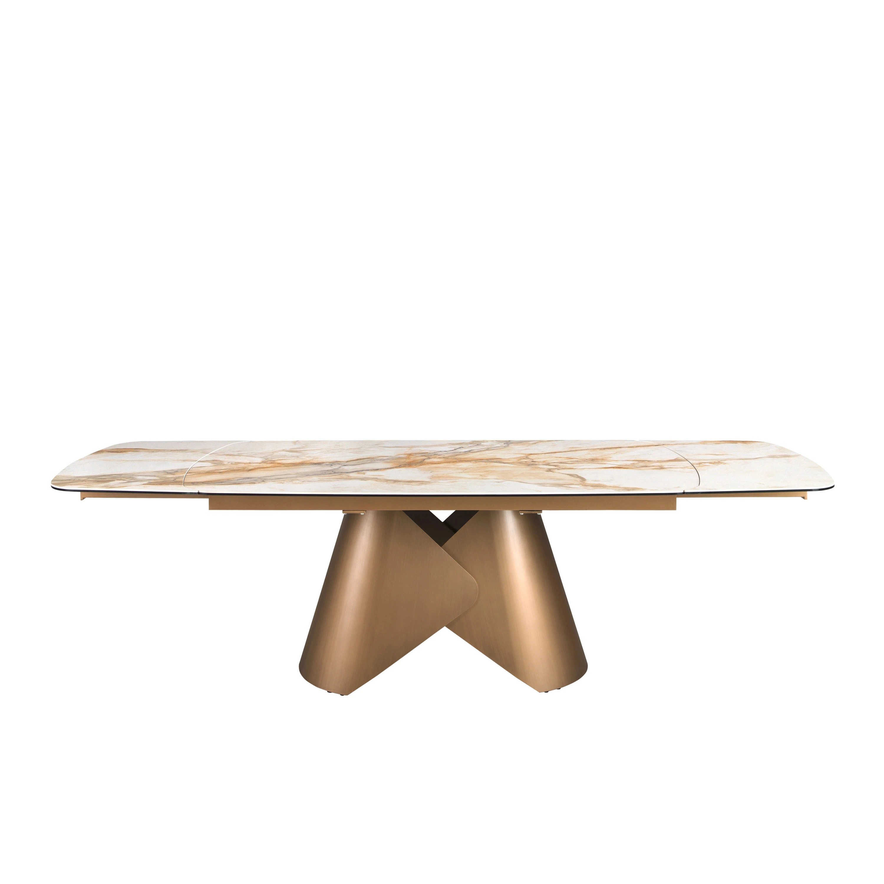 Table de salle à manger extensible ovale en forme de tonneau en marbre porcelanique et structure en acier coloris bronze